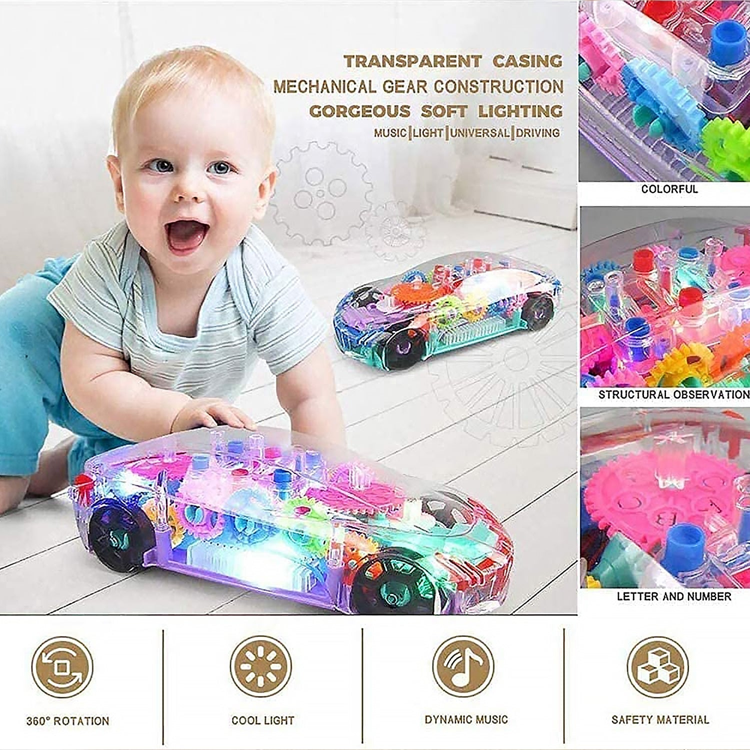 Automatic 360 Degree Rotating Transparent Gear Concept Car with Musical and 3D Flashing Lights Toy for Kids Boys & Girls (Multicolor / Battery Not Included) - Springkart 