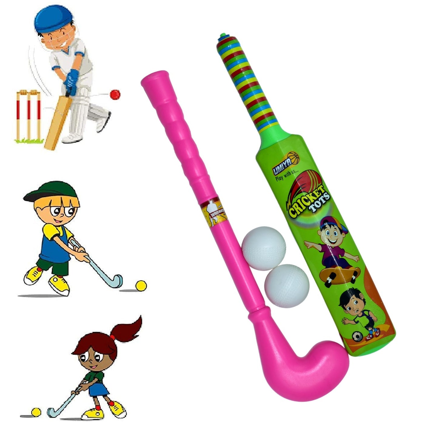Combo of Light Weight Plastic Bat, Ball & Hockey for Kids, Boys, Indoor, Outdoor Play - Springkart 