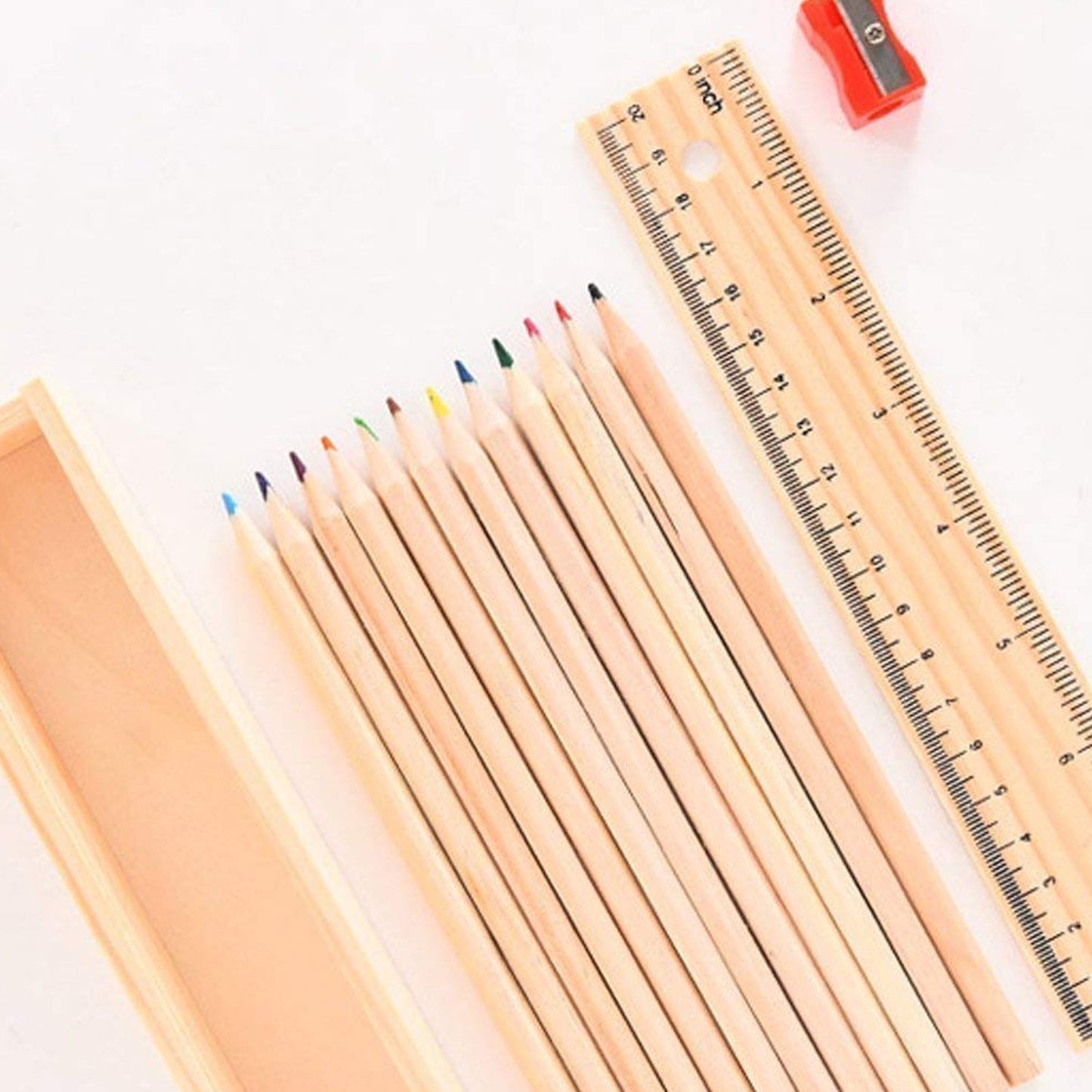 Colorful Wooden Pencil Set with Pencil box, Ruler, Sharpener For for Kids, Artist, Architect (12 Pcs Set) - Springkart 