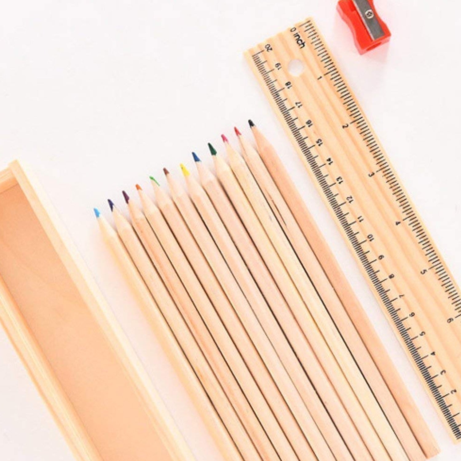 Colorful Wooden Pencil Set with Pencil box, Ruler, Sharpener For for Kids, Artist, Architect (12 Pcs Set) - Springkart 