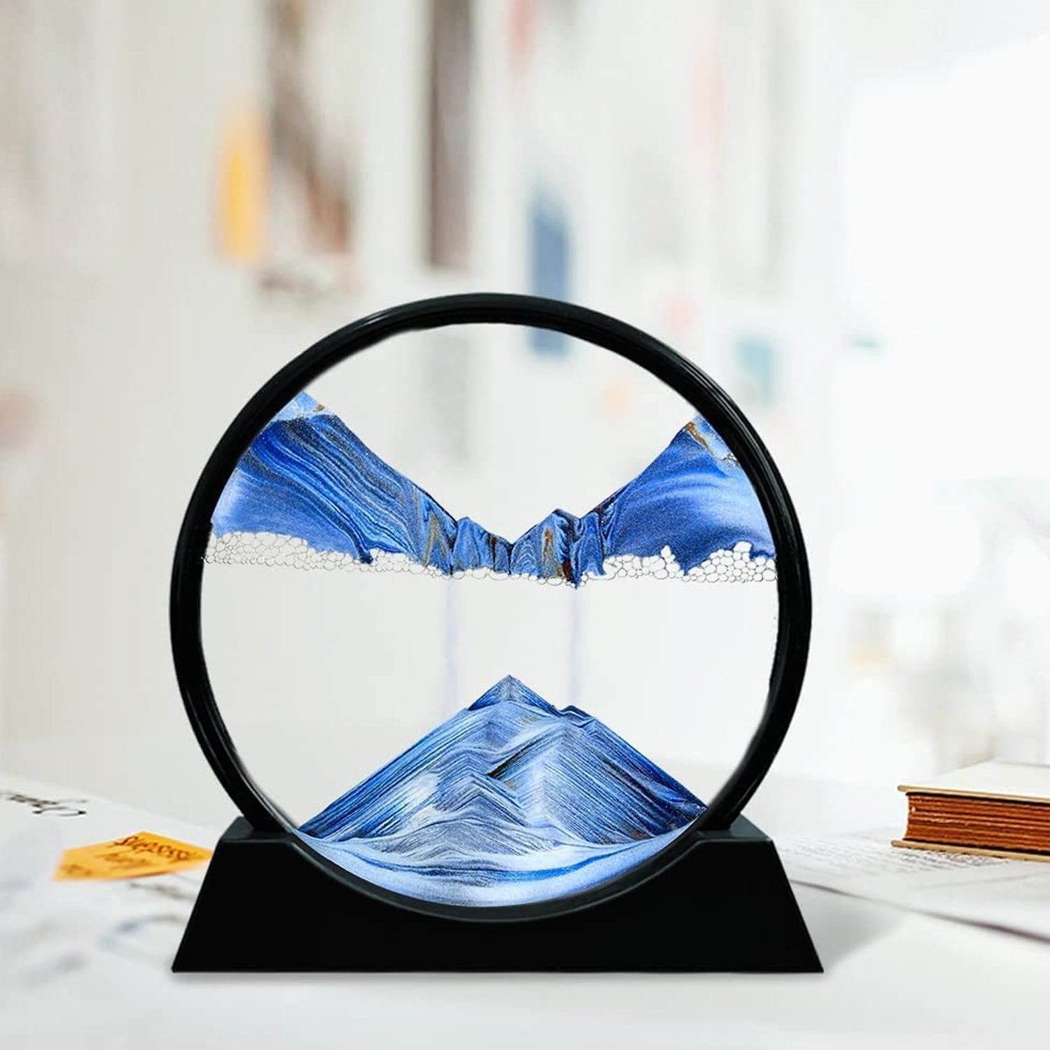 Moving Sand Art Picture Decor, 3D Deep Sea Sandscape Liquid Motion, Round Glass Frame Display Flowing Sand Relaxing Gift for Kids Adults Painting Artistic Sandscape for Home, Office, Ornament Desktop Art Bookshelves Decoration (1 Pc ) - Springkart 