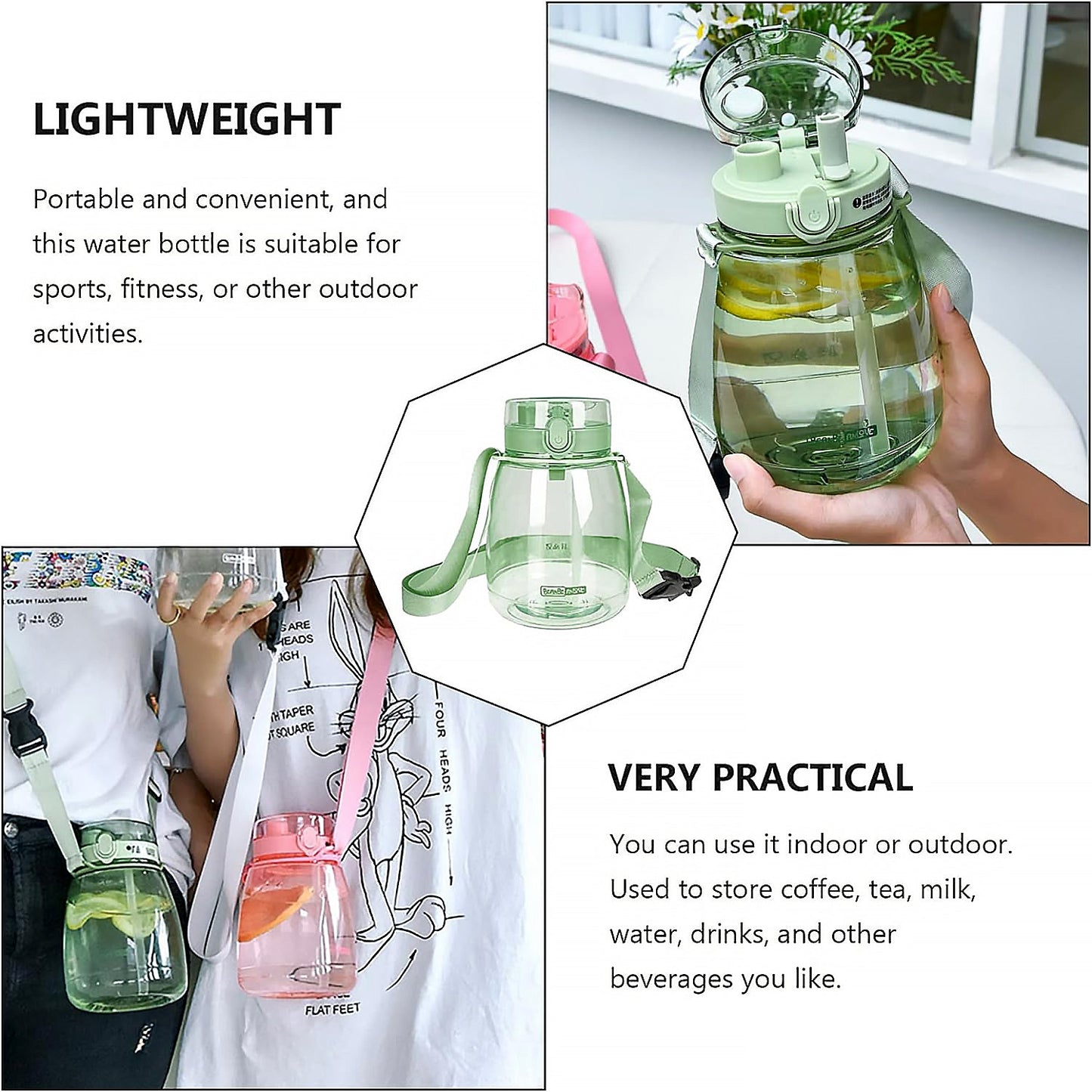 Insulated Water Bottle Portable Water Bottle With Strap, Sticker and Straw Cute Outdoor Sports Bottle For Water Travel Drinkware Jug Travel Water Bottle large Capacity Water Jug, Gym / Kid / Outdoor Sport / Campus, Fashionable (1300 ML Approx) - Springkart 