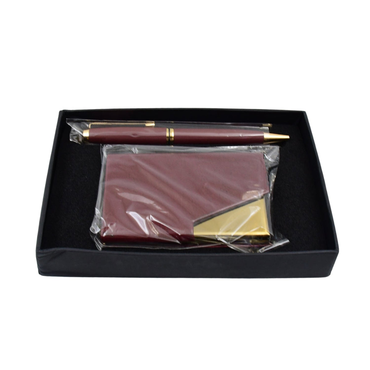 Leather Professional Business Visiting Card Case With Luxury Ballpoint Blue Pens (2 Pc Set / With Gift Box) - Springkart 
