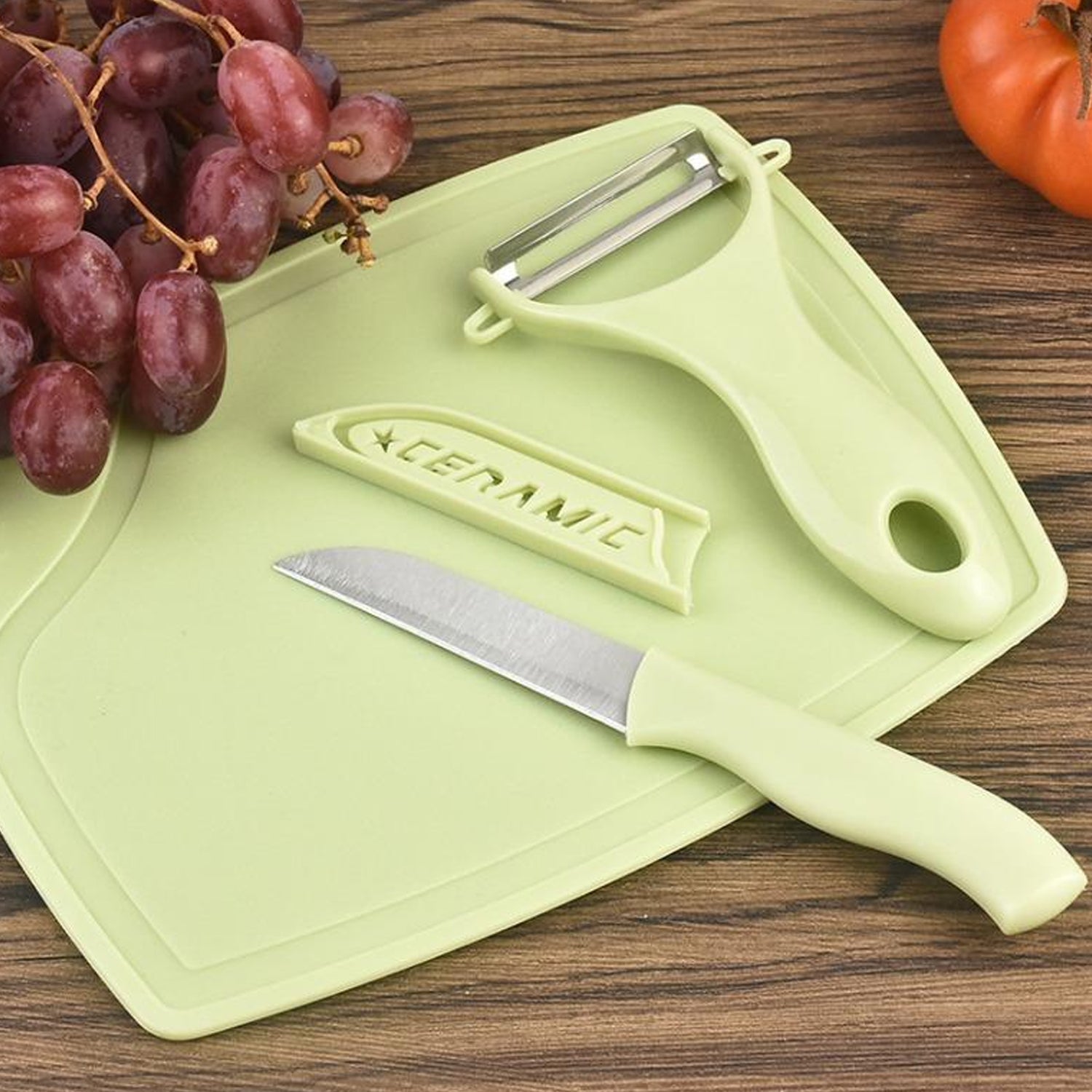 Plastic Kitchen Peeler - Green & Classic Stainless Steel 3-Piece Knife Set Combo - Springkart 