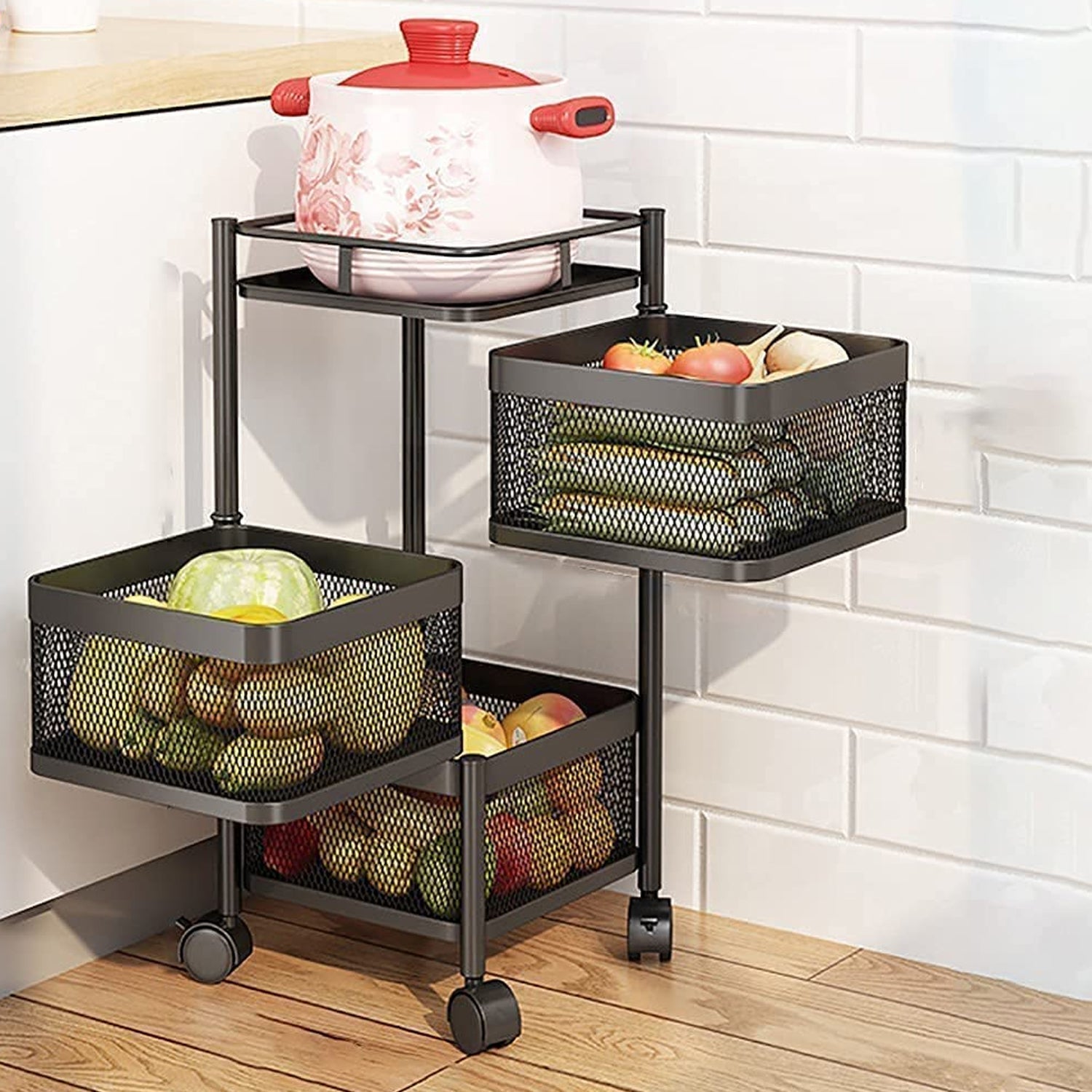 Metal High Quality Kitchen Trolley Kitchen Organizer Items and Kitchen Accessories Items for Kitchen Rack Square Design for Fruits & Vegetable Onion Storage Kitchen Trolley with Wheels (3 Layer) - Springkart 