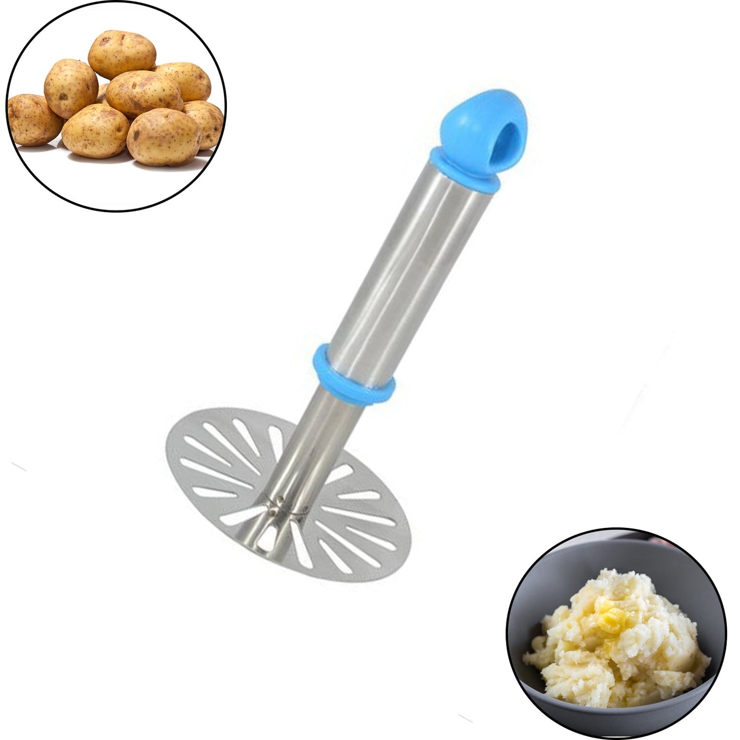 Ganesh Potato / Pav Bhaji Masher with Plastic Handle, Silver & Plastic - Oval Pav Masher, Potato 1-Piece, Smasher Handle, Multicolor - Springkart 