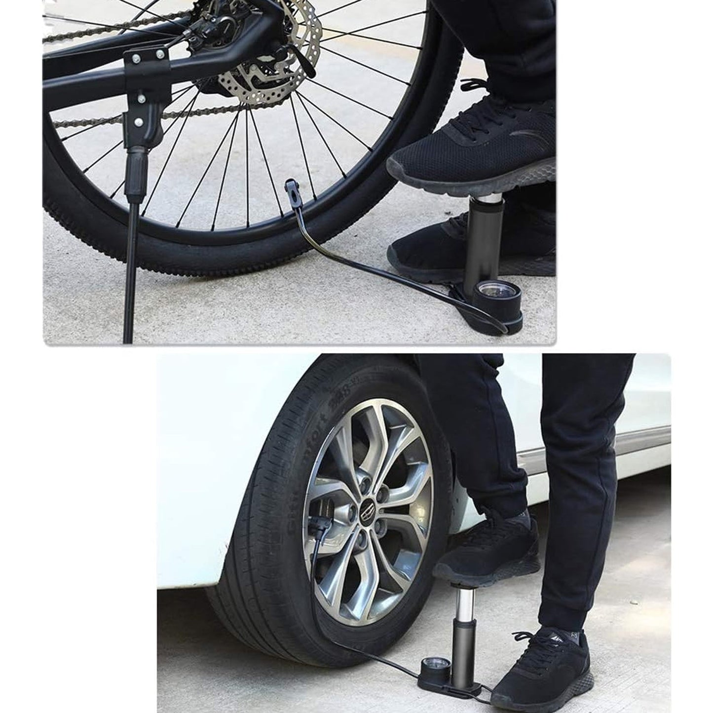 Portable foot air pump with compressor and gauge, for cars, bikes, and sports.