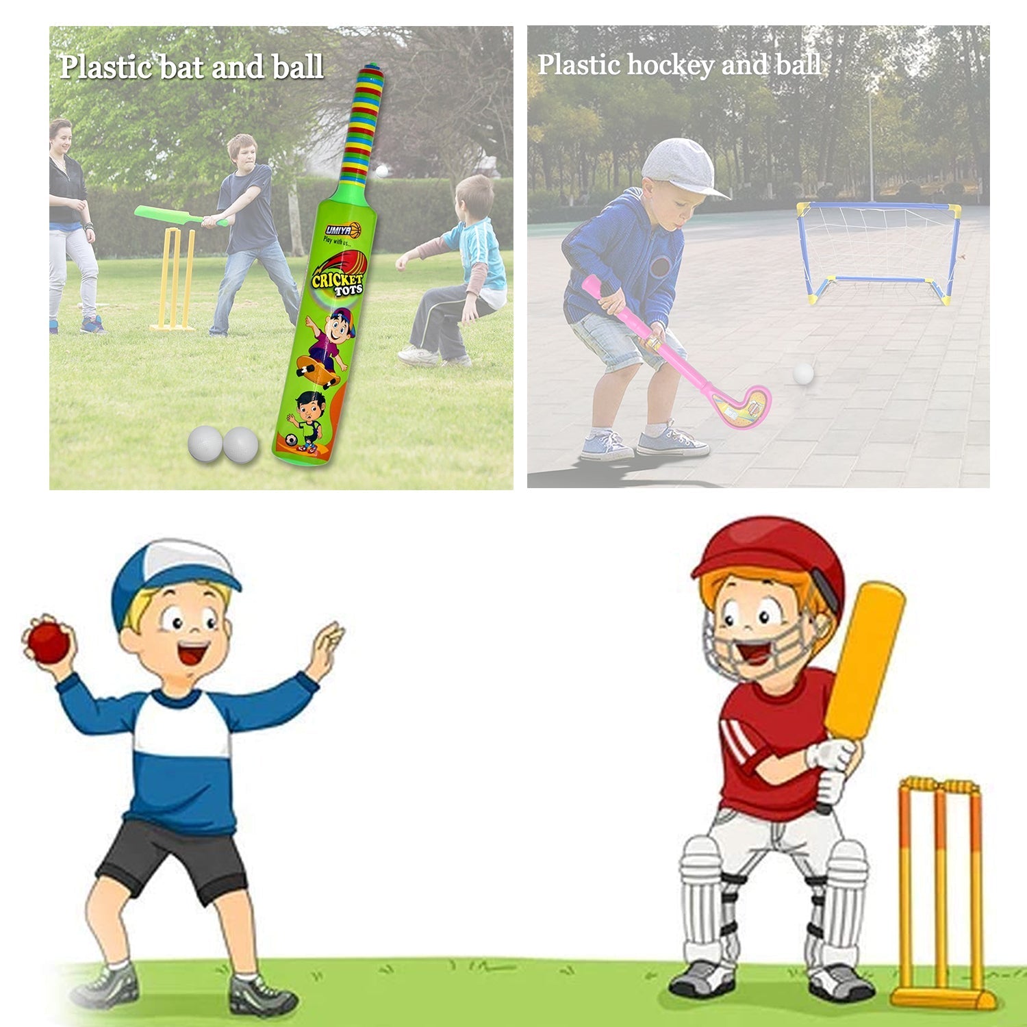 Combo of Light Weight Plastic Bat, Ball & Hockey for Kids, Boys, Indoor, Outdoor Play - Springkart 