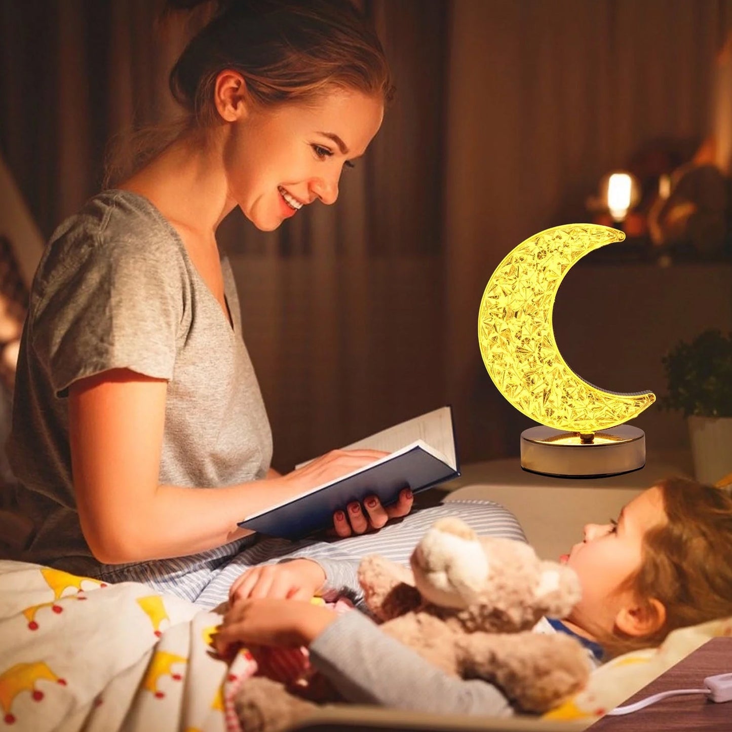 Crystal Table Lamp | Moon Shape Touch Control Lamp with 3 Color | Metal Bedside Lamp for Kids Bedroom Romantic Desktop Nightstand | Stepless Dimming USB Charging Touch Night Light - Springkart 