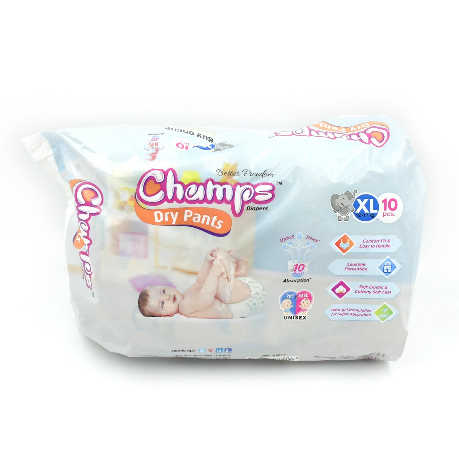 Champs Soft & Dry Baby Diaper Pants (XL, 10 Pcs): Leakproof Comfort - Springkart 