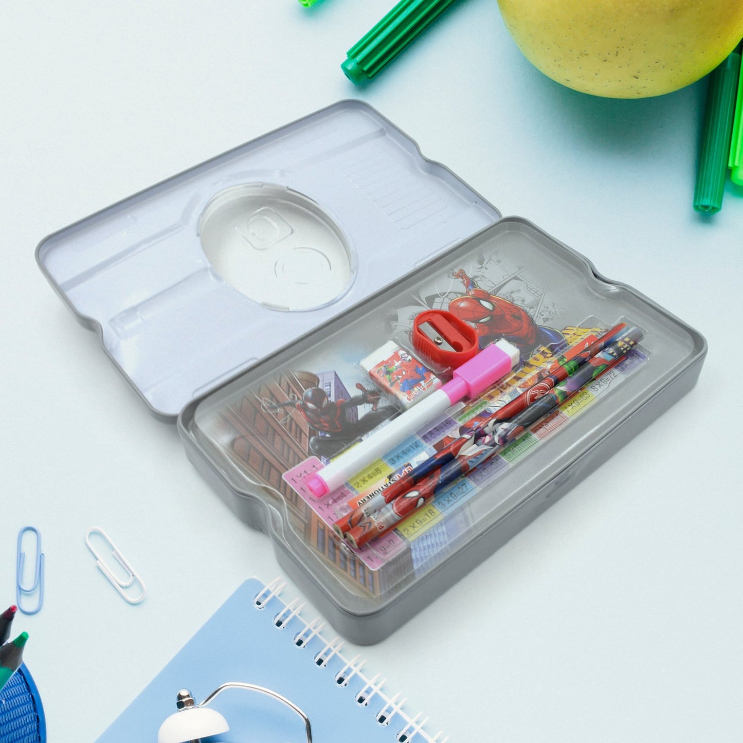Big Cartoon Printed Metal Compass Box, Pencil Case With Sharpner, Eraser, Pencil, Marker & Scale for Kids Stationery Compass Box, Stationery Gift for School Kids Compass, Pencil Box, Birthday Return Gift for Kids (6 Pc Set) - Springkart 