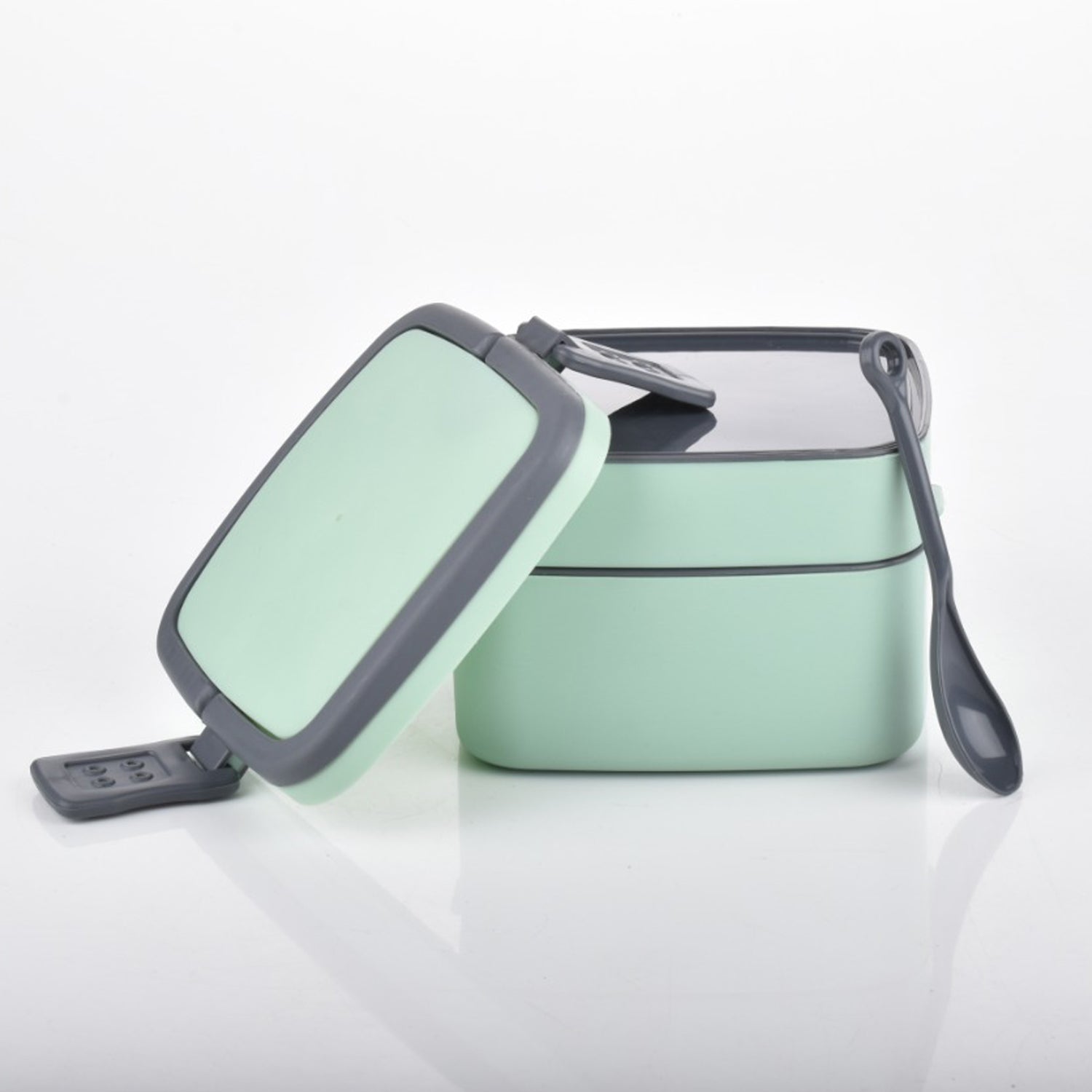 GREEN DOUBLE-LAYER PORTABLE LUNCH BOX STACKABLE WITH CARRYING HANDLE AND SPOON LUNCH BOX , Bento Lunch Box - Springkart 