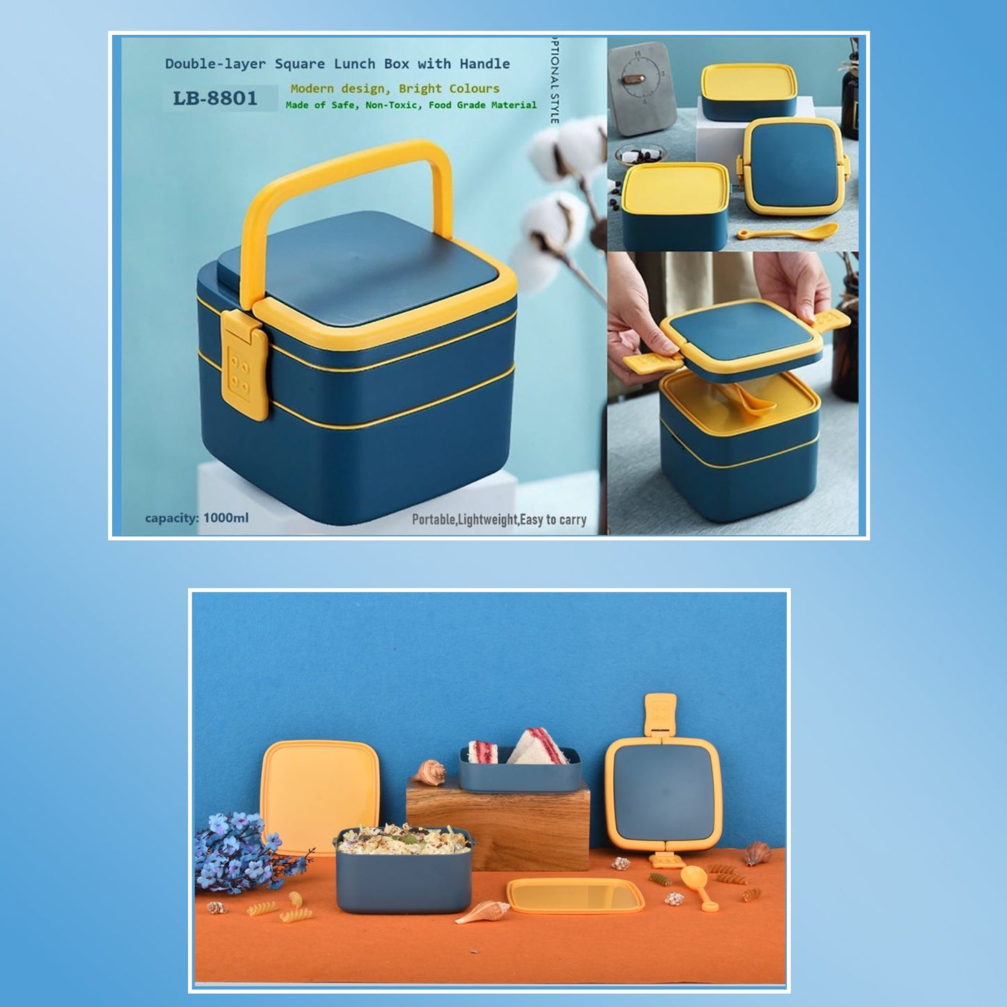 BLUE DOUBLE-LAYER PORTABLE LUNCH BOX STACKABLE WITH CARRYING HANDLE AND SPOON LUNCH BOX , Bento Lunch Box - Springkart 