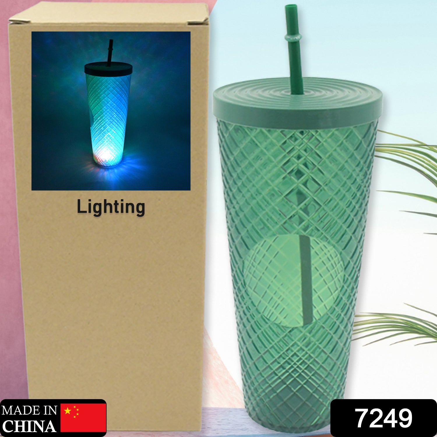Cup with Straw & LED Lighting Reusable Matte Studded Tumbler with Leak Proof Lid Water Cup Travel Mug Coffee Ice Water Bottle Double Walled Insulated Tumbler BPA Free (1 Pc) - Springkart 