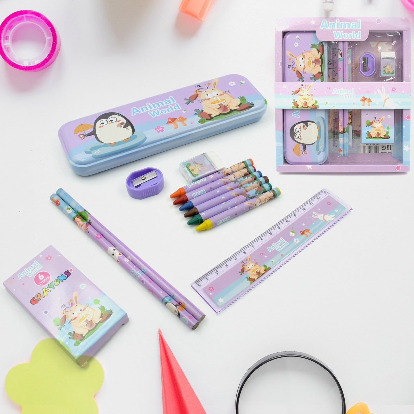 School Supplies Stationery Kit with 1 Pencil Box Case 2 Pencils 6 Crayon Colors 1 Ruler Scale 1 Eraser 1 Sharpener Stationary Kit for Girls Pencil Pen Book Eraser Sharpener Crayons - Stationary Kit Set for Kids Birthday Gift (12 Pc Set) - Springkart 