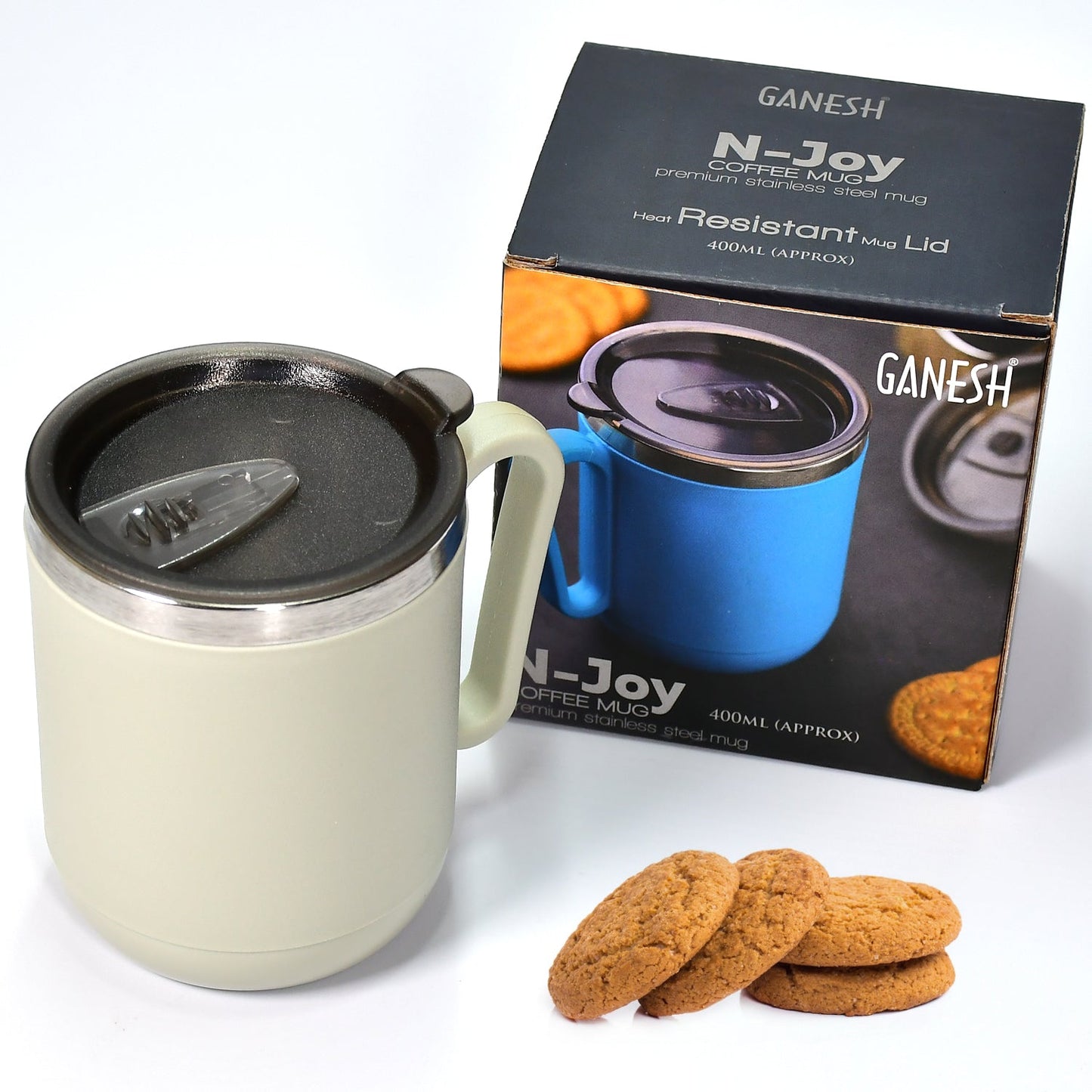 Ganesh Premium Stainless Steel Coffee Mug with heat resistant mug lid. Approx 400Ml mug. - Springkart 