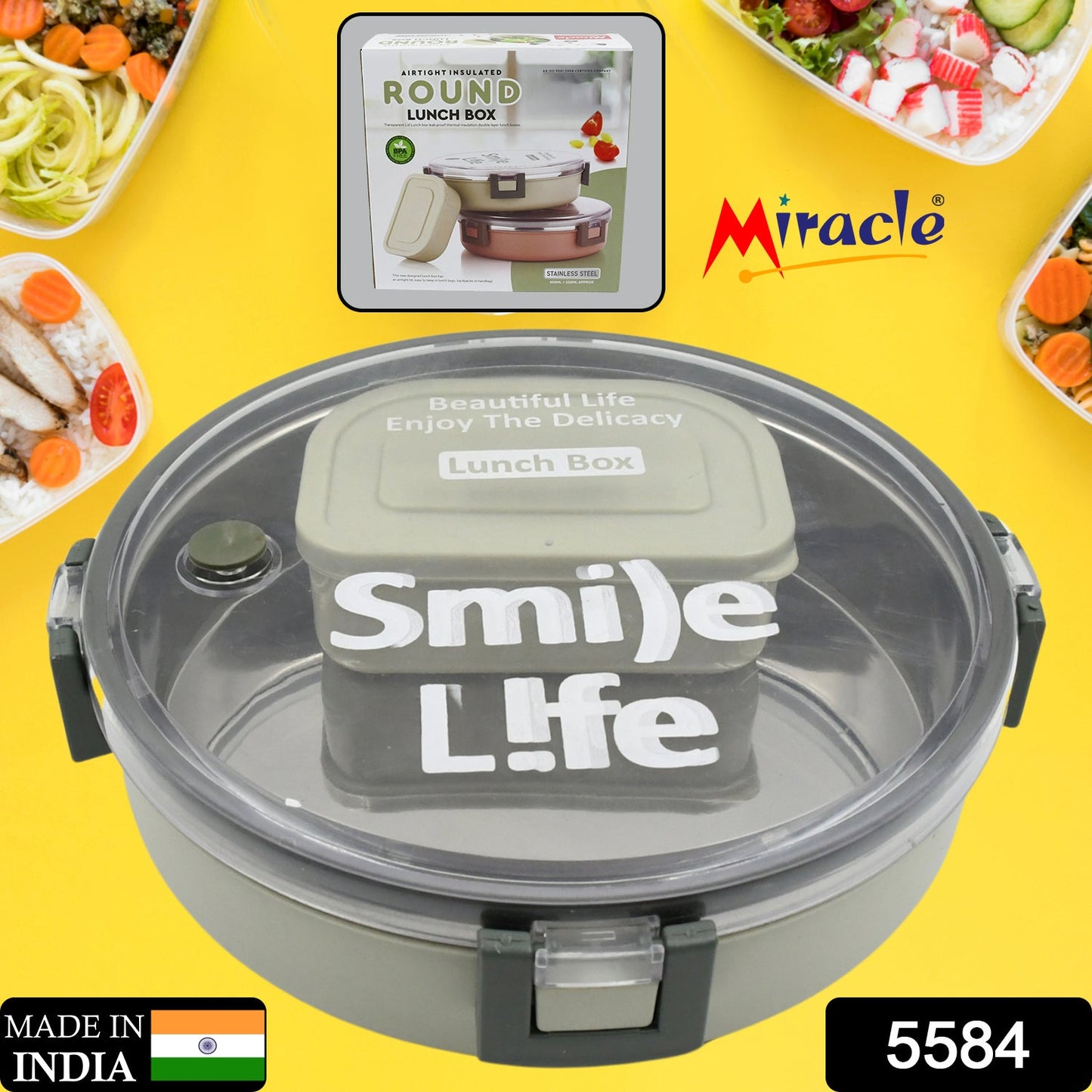 Miracle Stainless Steel Round Lunch Box, with Small Plastic Box Insert Leak Proof Lunch Box with Transparent lid, Lunch Box for Kids & Adults for School, Office (450 ML + 250 ML Approx) - Springkart 