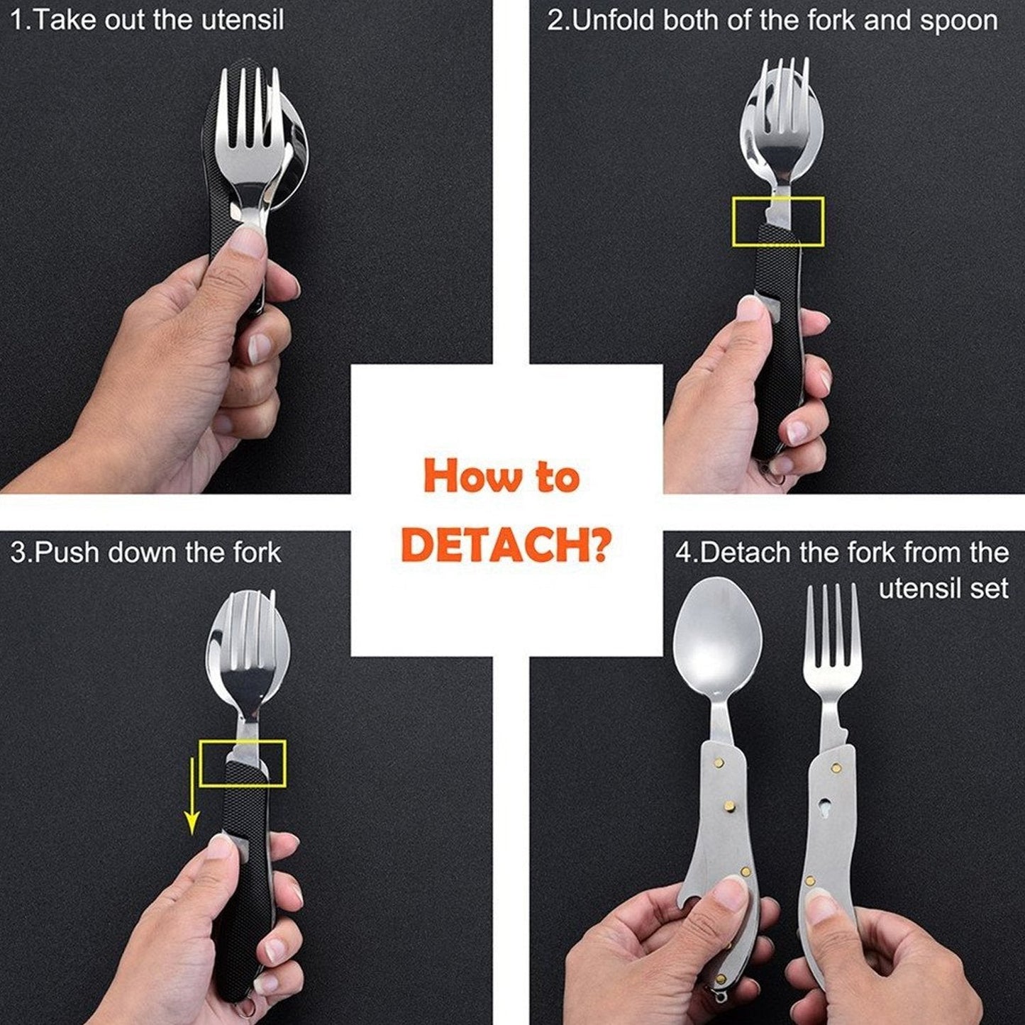 Travel-friendly folding cutlery set with detachable fork, spoon, and knife in stainless steel