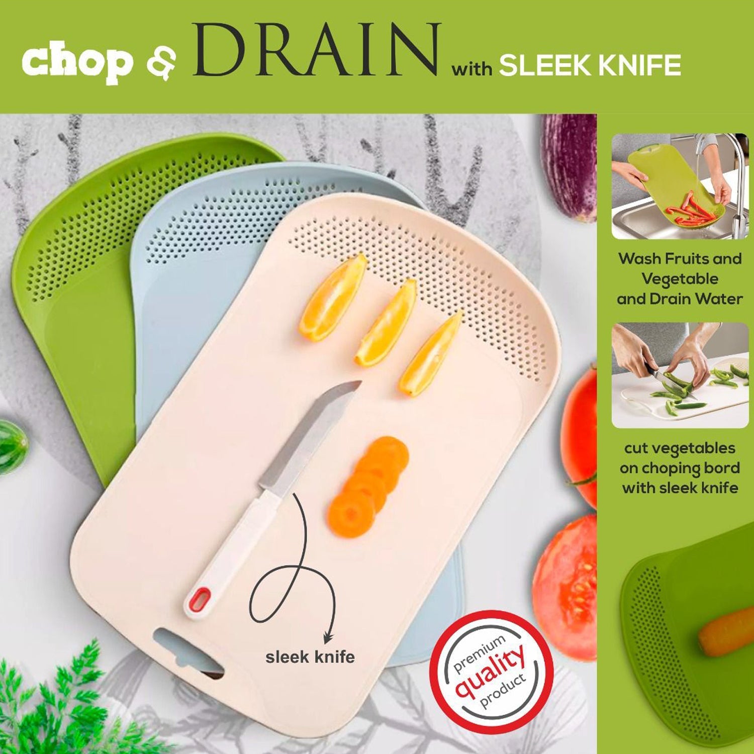 Chop & Drain Vegetables Fruits Chopping Board Sleek Knife - Springkart 