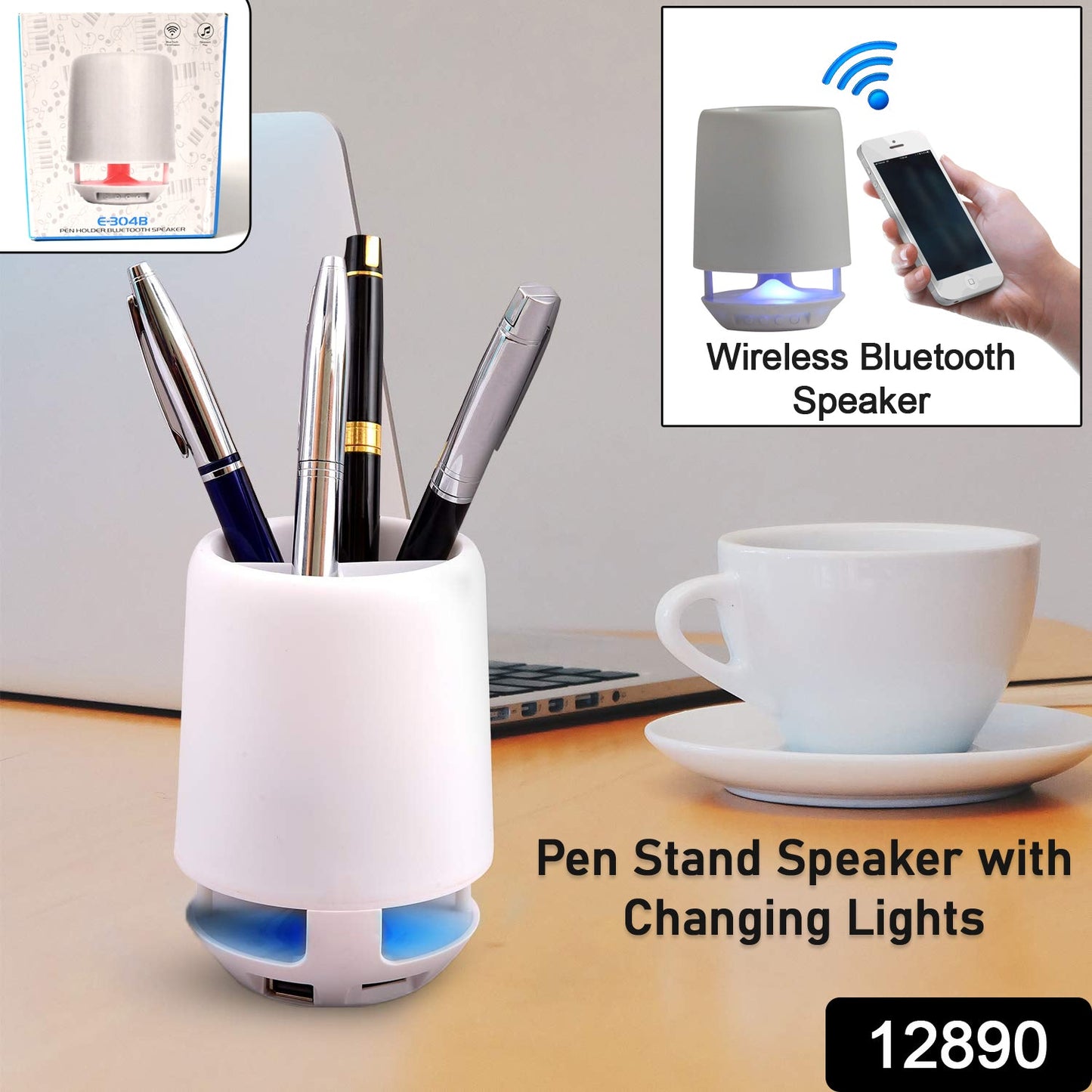 Multifunctional 4 Compartment Pen Holder with Bluetooth Speaker 5 W Bluetooth Speaker Laptop / Desk Speaker / Table Lamp / Night Lamp Smart Color Changing Pen Stand Wireless Bluetooth Speaker - Springkart 