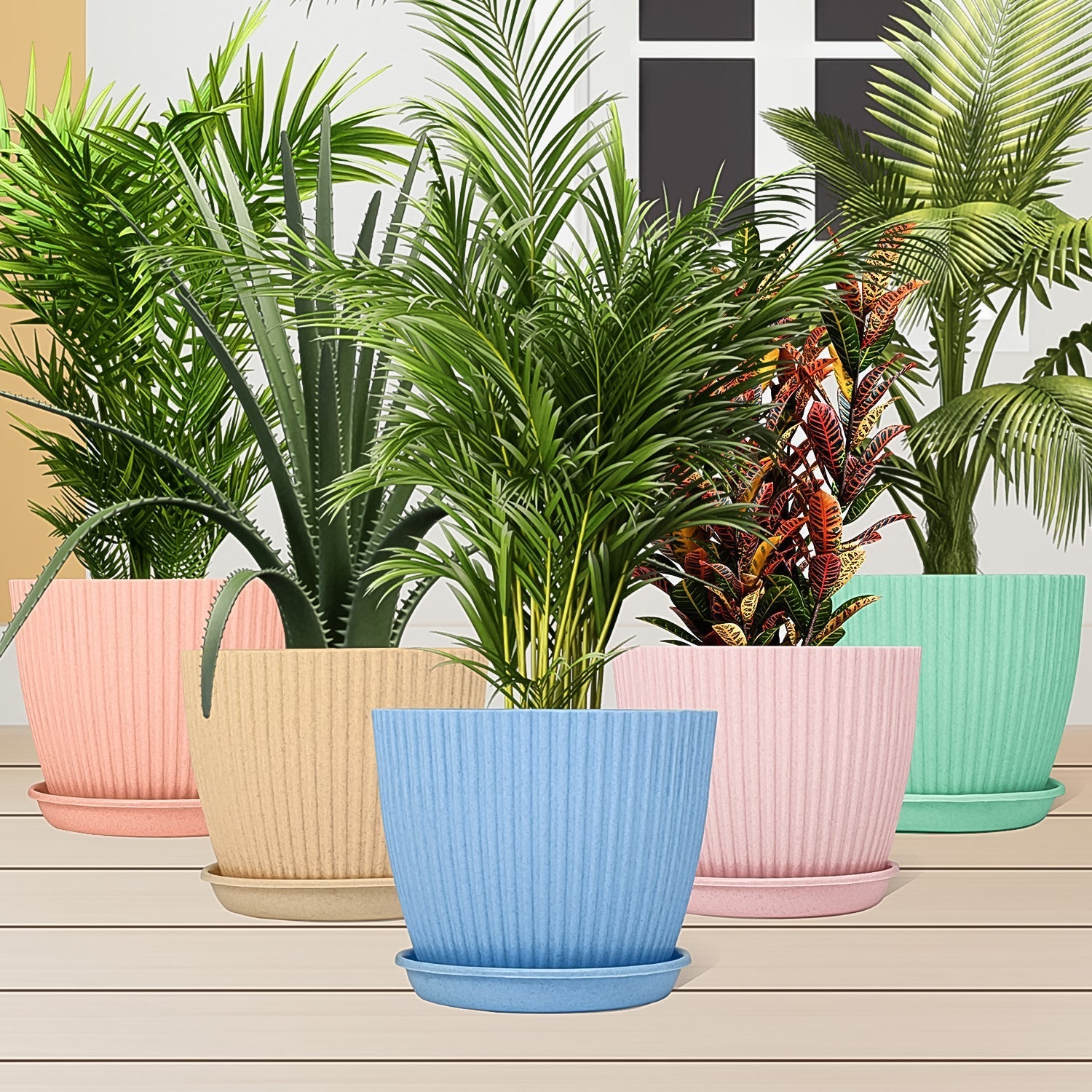 Round Flower Pot with Bottom Tray (5 Pcs Set / Small / 14×16 Cm) - Springkart 