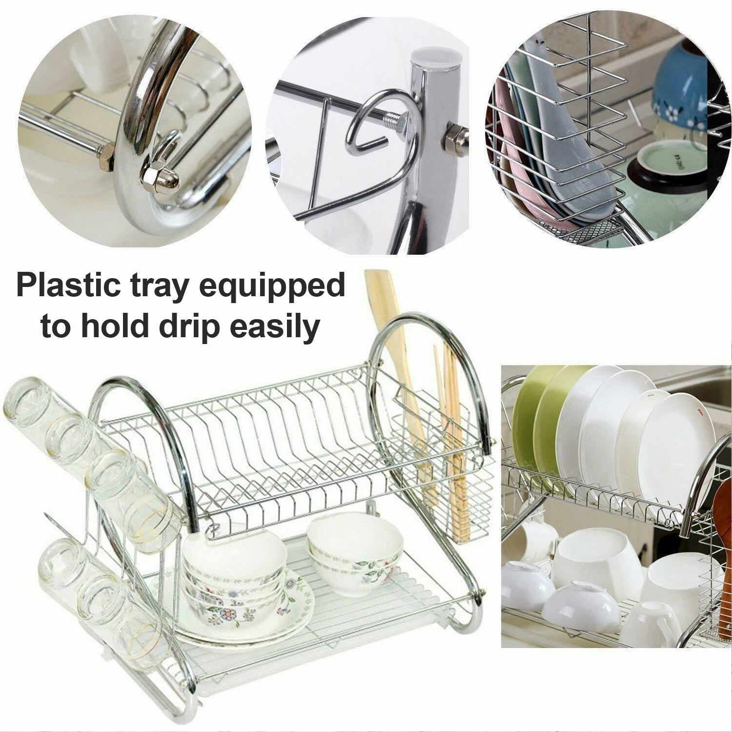 Stainless Steel 2 Layer Kitchen Dish Rack / Plate Cutlery Stand - Springkart 