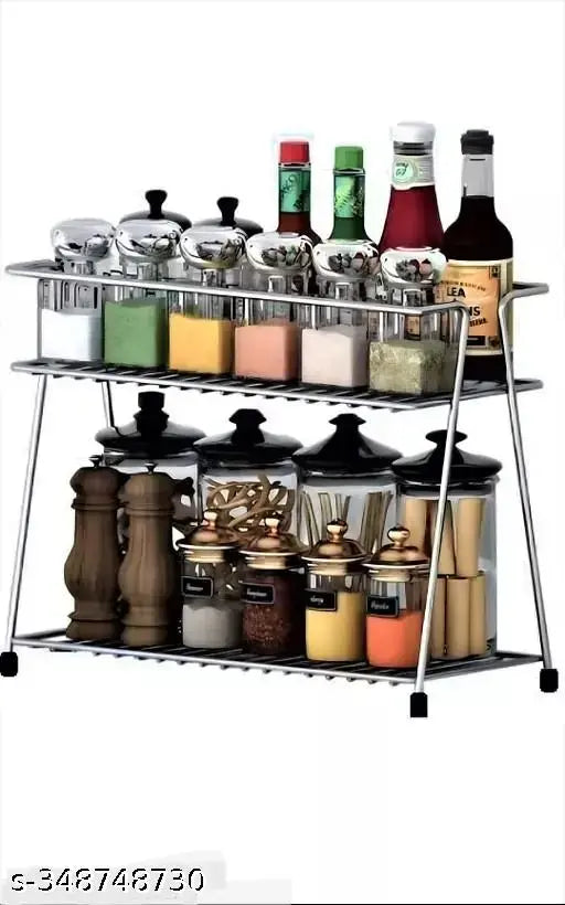 BHOLA STEEL Multipurpose Storage Organizer Stainless Steel 2 Layer Storage Organizer Rack for Kitchen Standing Rack Shelf Storage Holder Kitchen Rack/Spice Shelf/Kitchen Racks/Pantry Storage Organizer/Spice Rack Set for Kitchen/(Silver-Chrome)