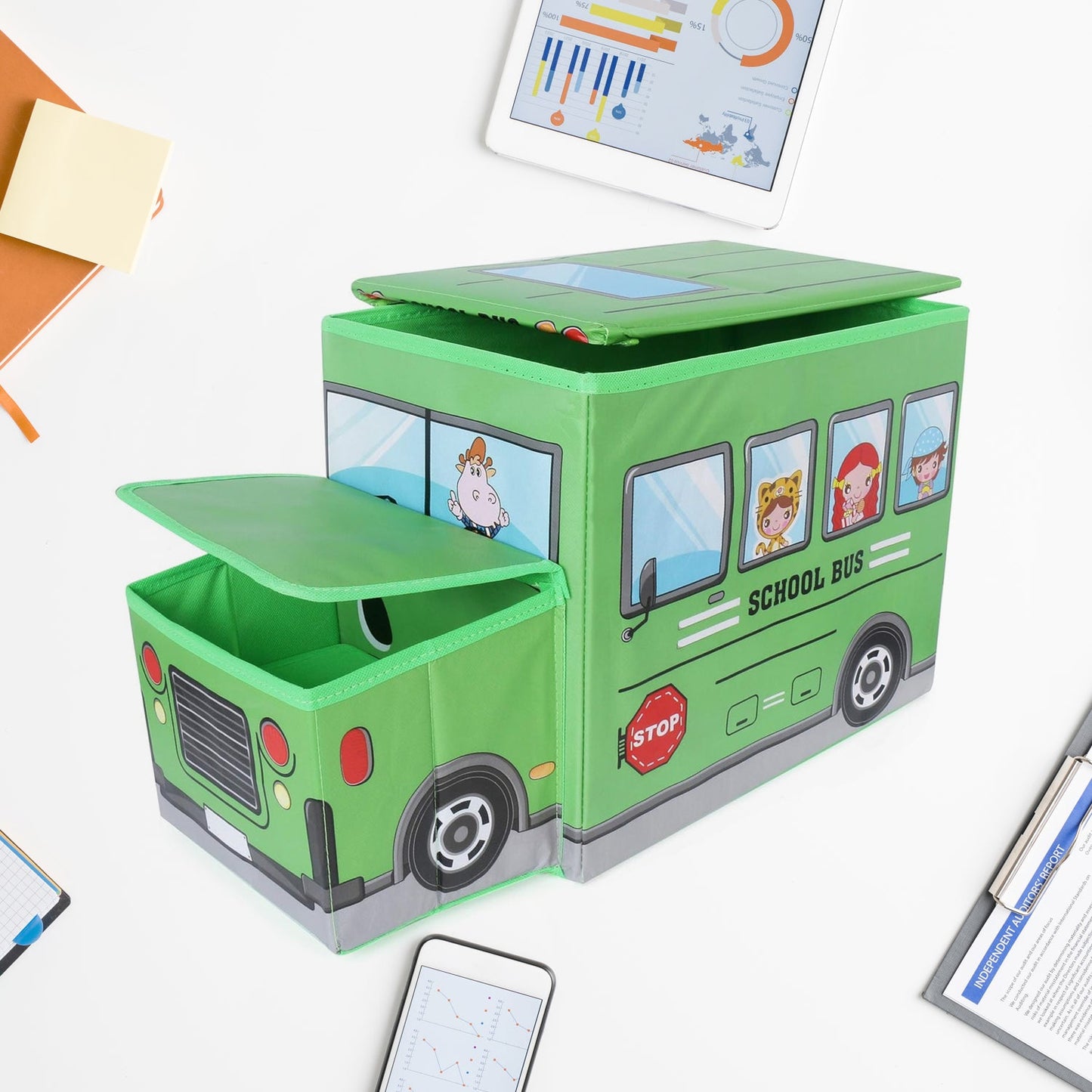 Foldable Bus Shape Toy Box Storage with Lid for Storage of Toys Basket Useful as Toy Organizer mountable Racks Surface Multipurpose Basket for Kids Wardrobe Cabinet Wood with Cloth Cover For Home Decor Books, Game, Baby Cloth (Mix Color & Design ) - Springkart 