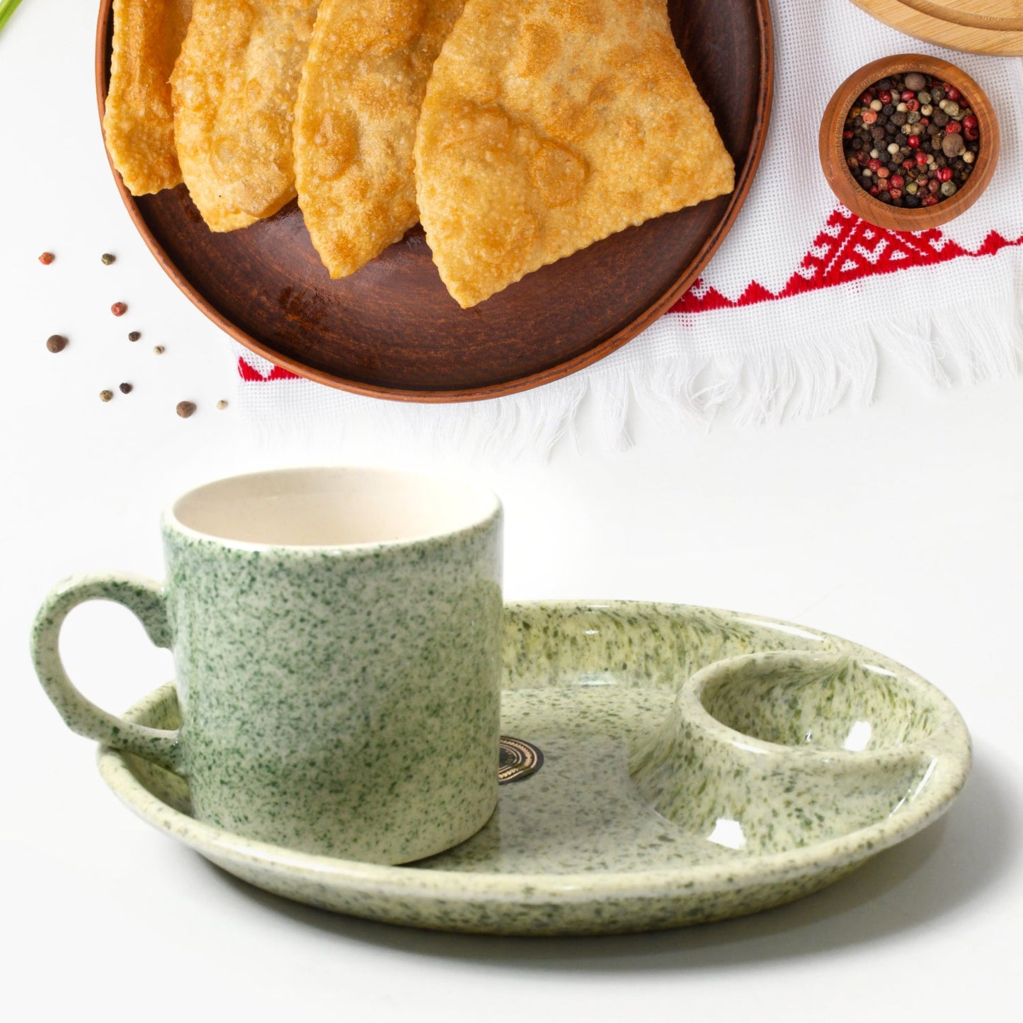 Alpino Ceramic Tea / Cups Set With Plastic Serving 2 Compartment Platter, Milk Cup / Mug, Coffee Cup, Tea Cup BPA Free Food Grade, or Outdoor for Household Gift For Birthday (3 Pcs Set) - Springkart 