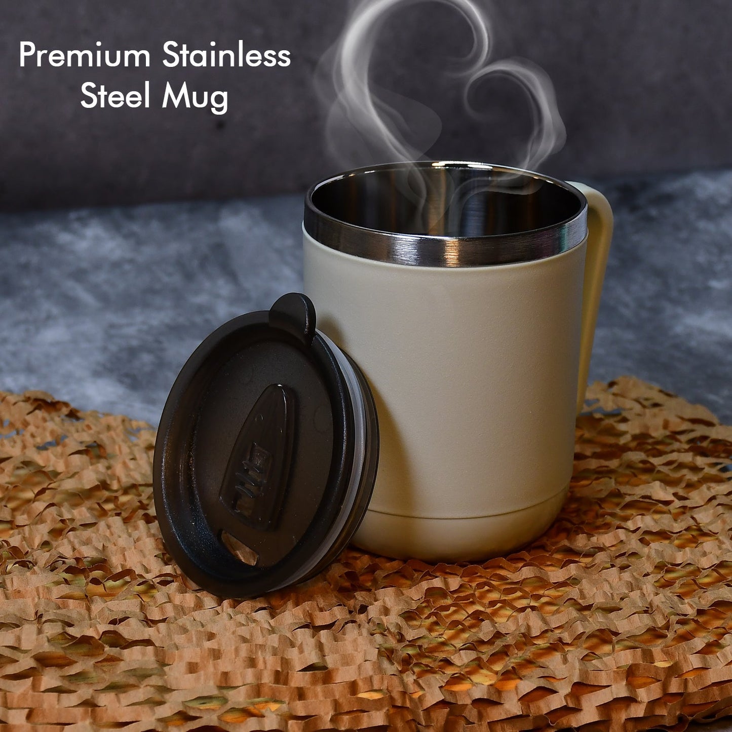 Ganesh Premium Stainless Steel Coffee Mug with heat resistant mug lid. Approx 400Ml mug. - Springkart 