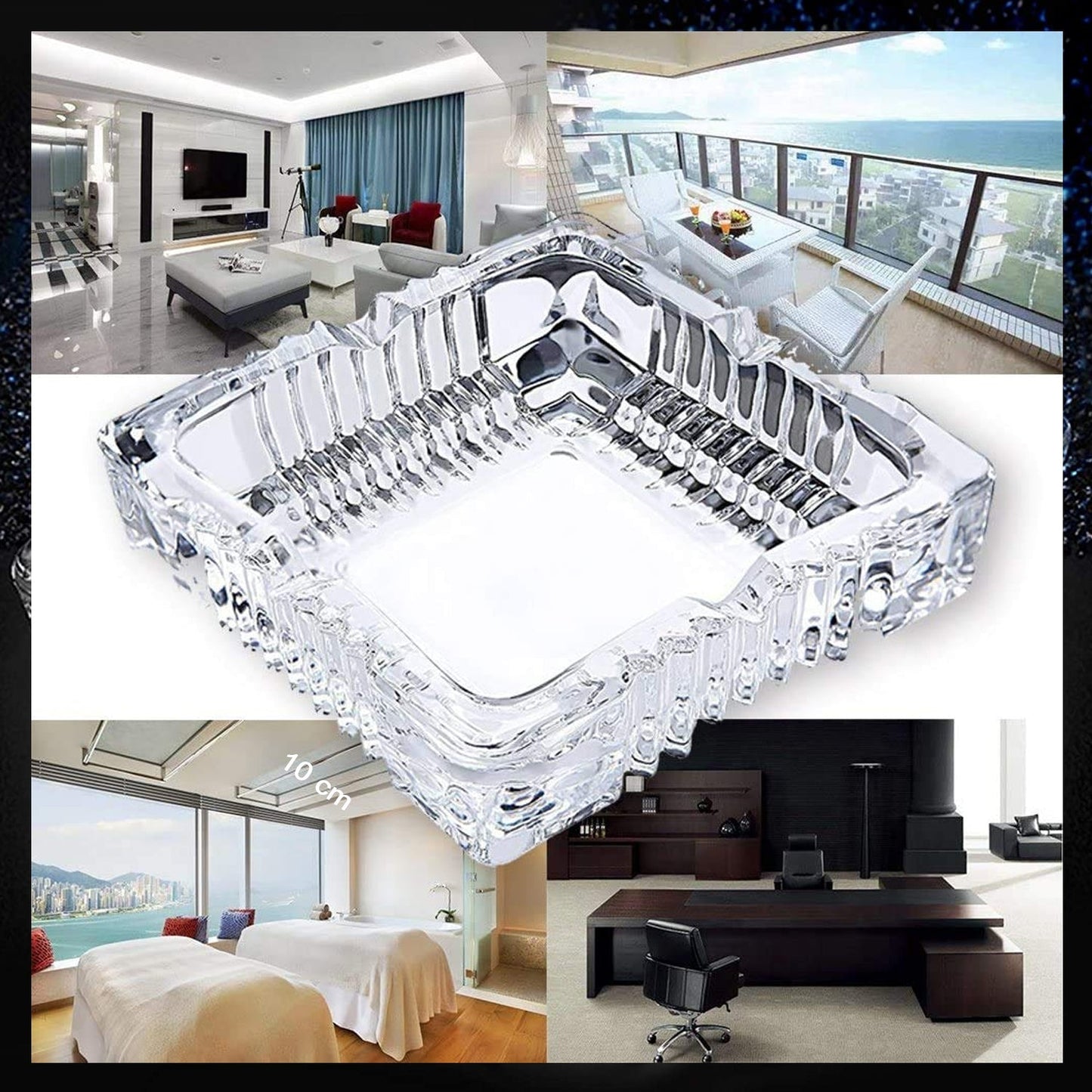 Square Glass Misti Crystal Quality Cigar Cigarette Ashtray Round Tabletop for Home Office Indoor Outdoor Home Decor - Springkart 