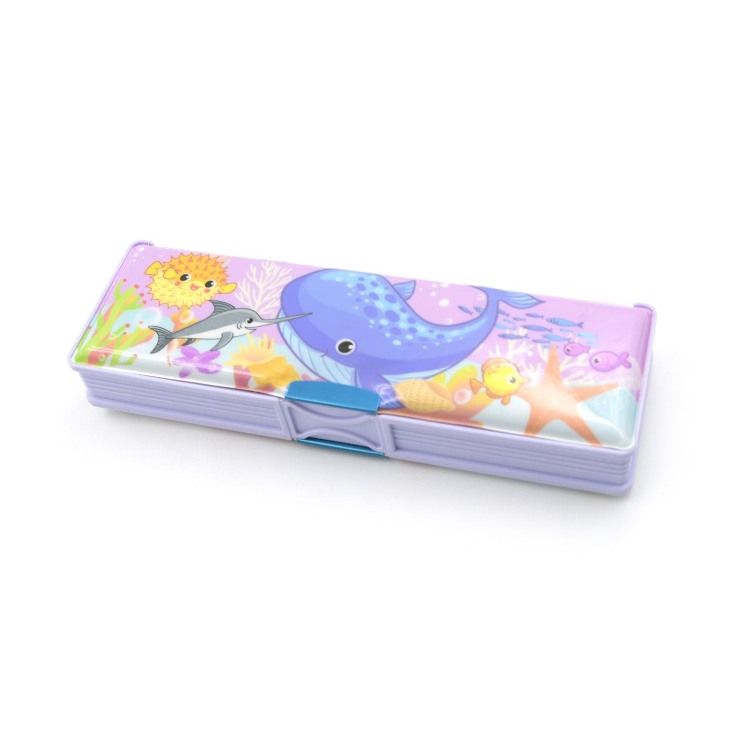 Plastic pencil box with vibrant cartoon print, ideal for school