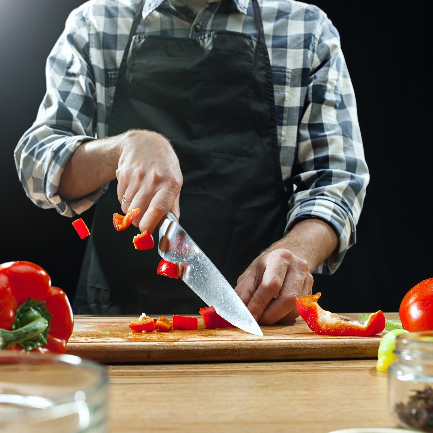 Wooden chopping board on counter