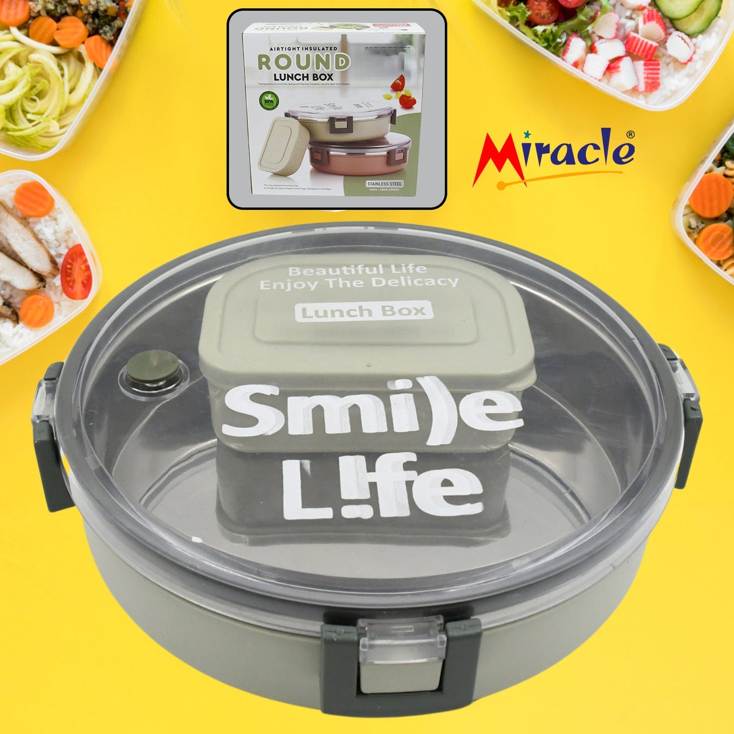 Miracle Stainless Steel Round Lunch Box, with Small Plastic Box Insert Leak Proof Lunch Box with Transparent lid, Lunch Box for Kids & Adults for School, Office (450 ML + 250 ML Approx) - Springkart 