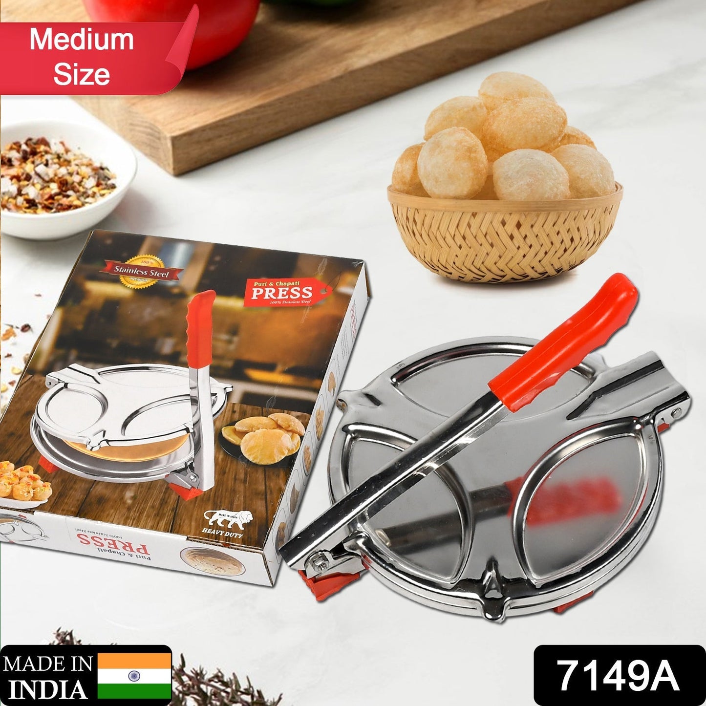 PURI PRESS MAKER - STAINLESS STEEL PURI MAKER PRESS MACHINE - ROTI CHAPATI PRESSER FOR HOME -KHAKHRA- PURI MAKER PRESS MACHINE WITH HANDLE, MANUAL PURI MAKER (MEDIUM) - Springkart 