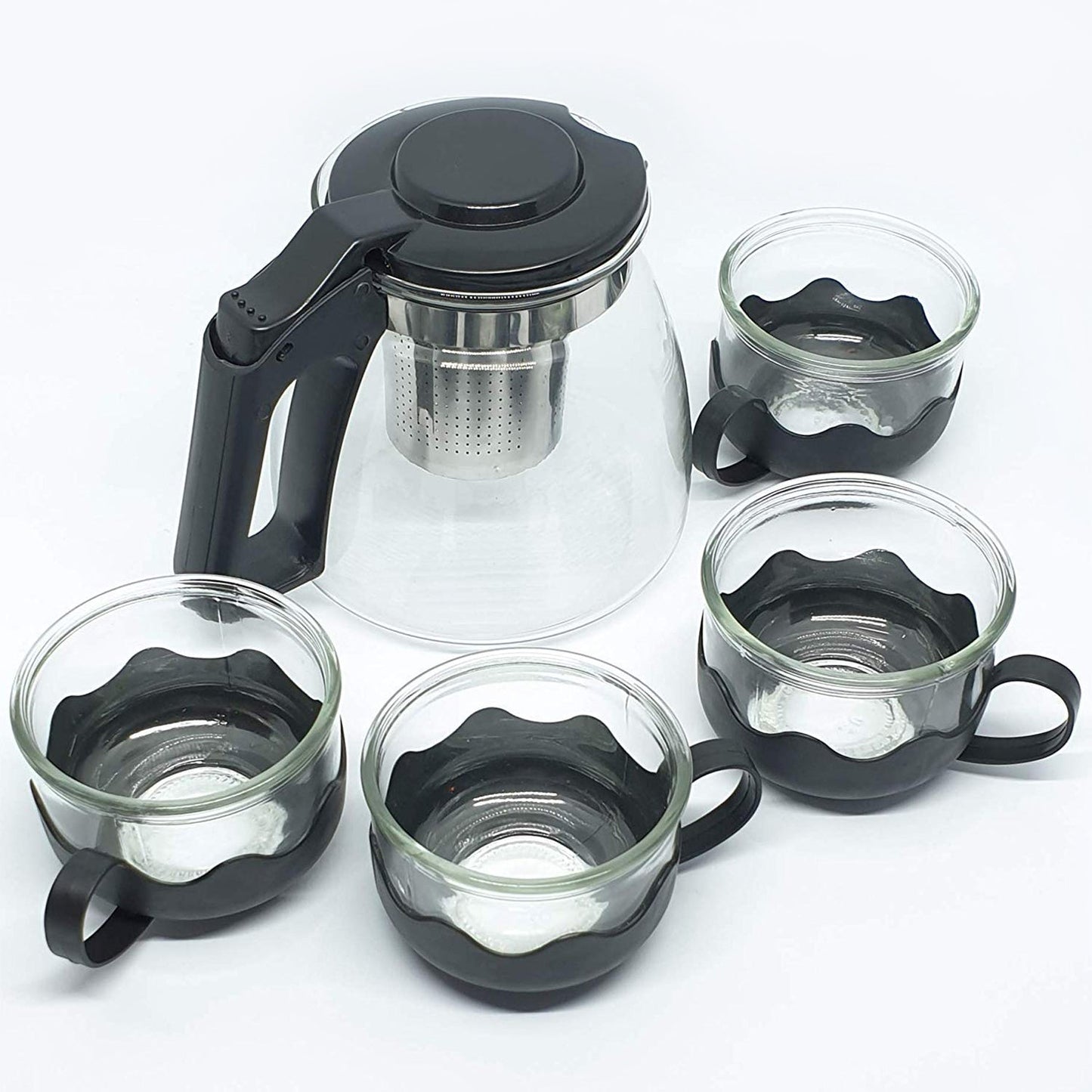 Flame Proof Glass Kettle & Cup Set With Strainer High Quality Kettle Set For Home & Café Use  (4 Cup & 1 Kettle) (24 Pc MOQ) - Springkart 