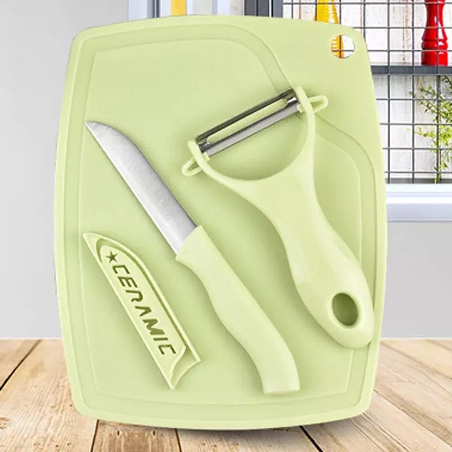 Plastic Kitchen Peeler - Green & Classic Stainless Steel 3-Piece Knife Set Combo - Springkart 