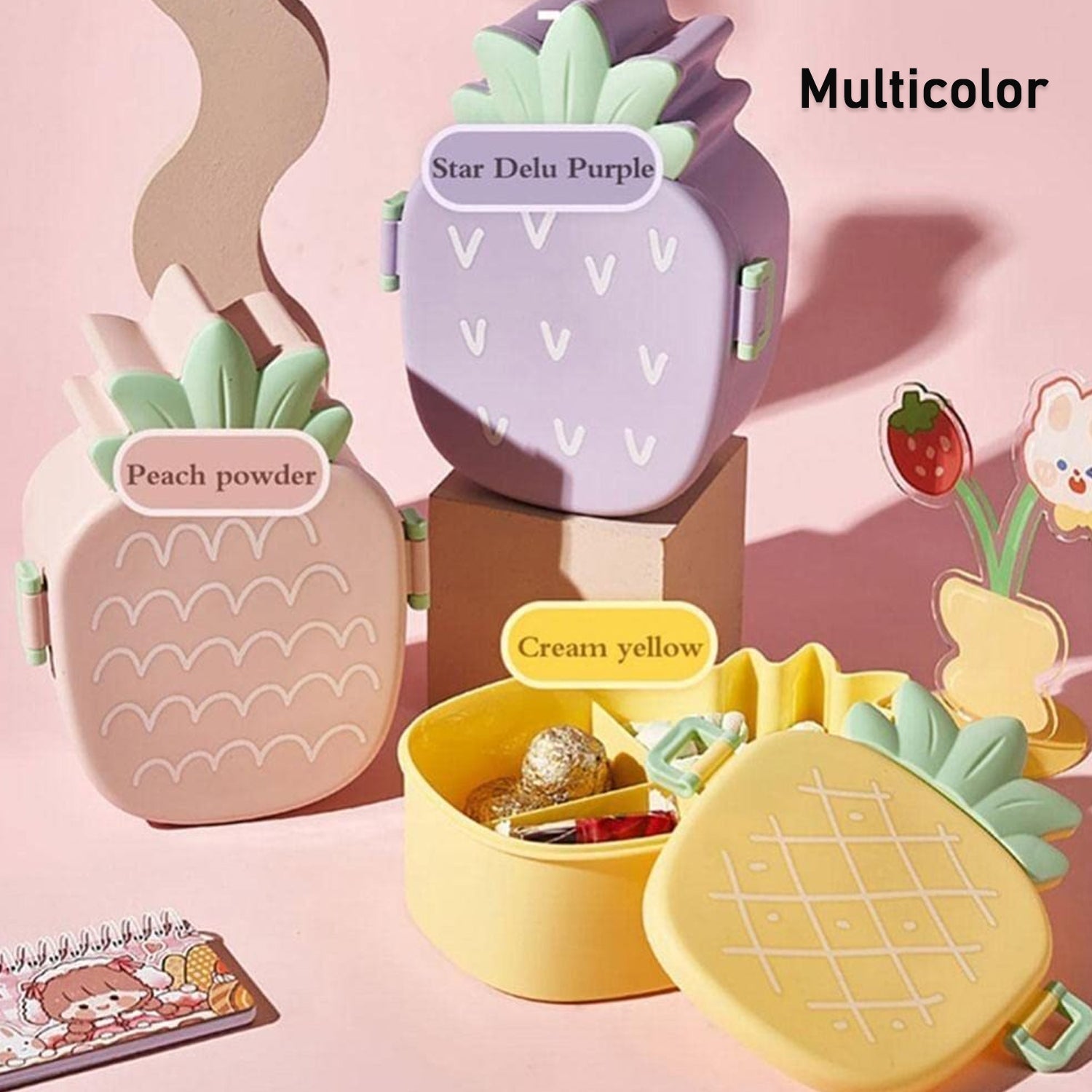 Kids Lunch Box Cute Pineapple Shaped Bento Box with Fork Spoon Snack Container Microwave Portable Office Lunch Box (1 Pc / With Spoon & Fork) - Springkart 
