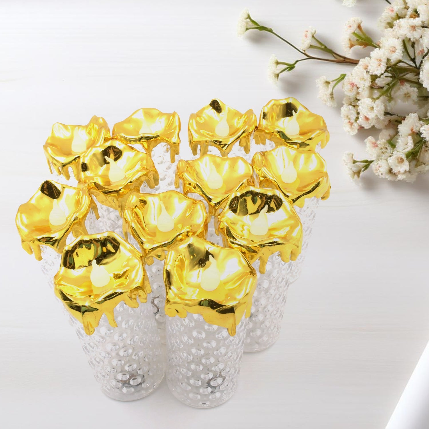 Gold Flameless Candles LED Light Flameless and Smokeless Decorative, Candles Led Tea Light Candle Perfect for Gifting, Home, Diwali,Wedding, Christmas, Crystal Candle Lights, Table Decorations (12 Pc MOQ) - Springkart 
