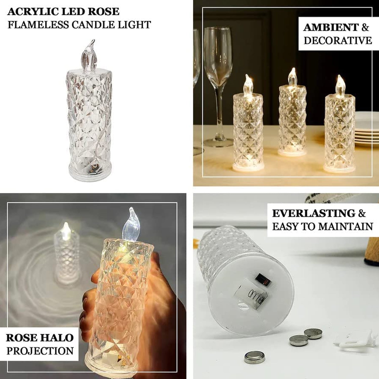 Rose Candles LED Flameless and Smokeless Decorative Acrylic Transparent Candles Led Tea Light Candle Perfect for Gifting, Home, Diwali, Christmas, Crystal Candle Lights (1 Pc) (MOQ :- 12 pc ) - Springkart 