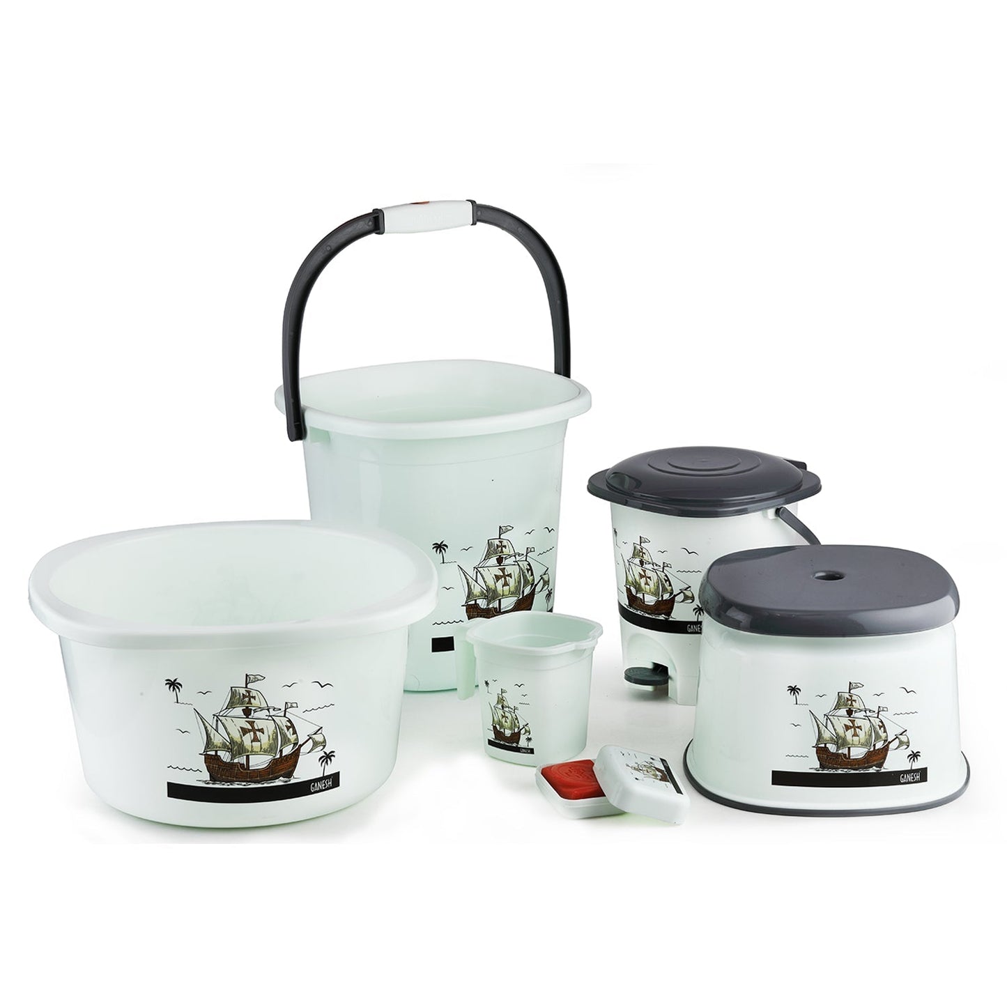 Plastic Bathroom Accessories Set 6 pcs Bath Set Bathroom Bucket with Dustbin Mug, Stool, Soap Case,Tub (MOQ :- 4 Pc / Mix Color ) - Springkart 
