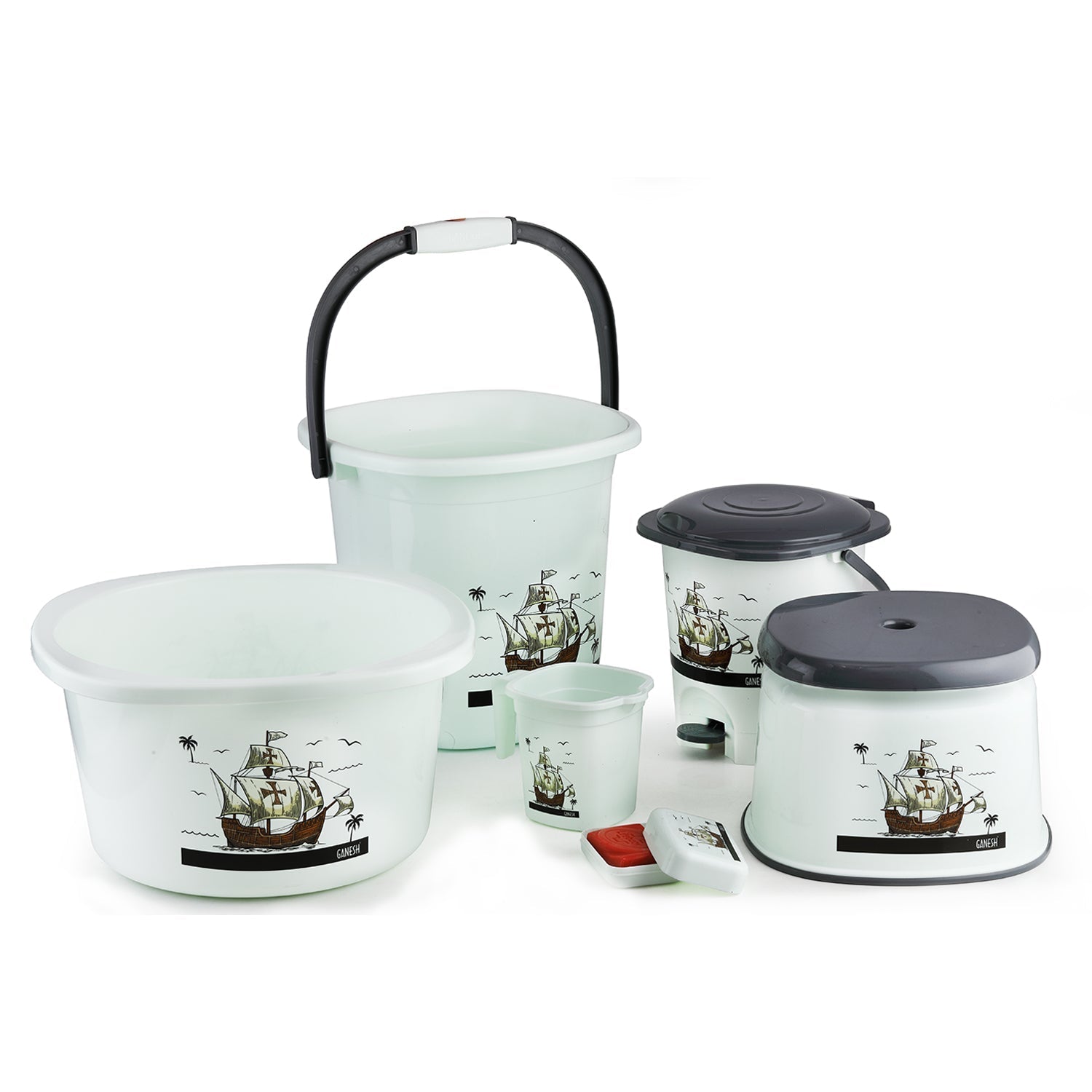 Plastic Bathroom Accessories Set 6 pcs Bath Set Bathroom Bucket with Dustbin Mug, Stool, Soap Case,Tub (MOQ :- 4 Pc / Mix Color ) - Springkart 