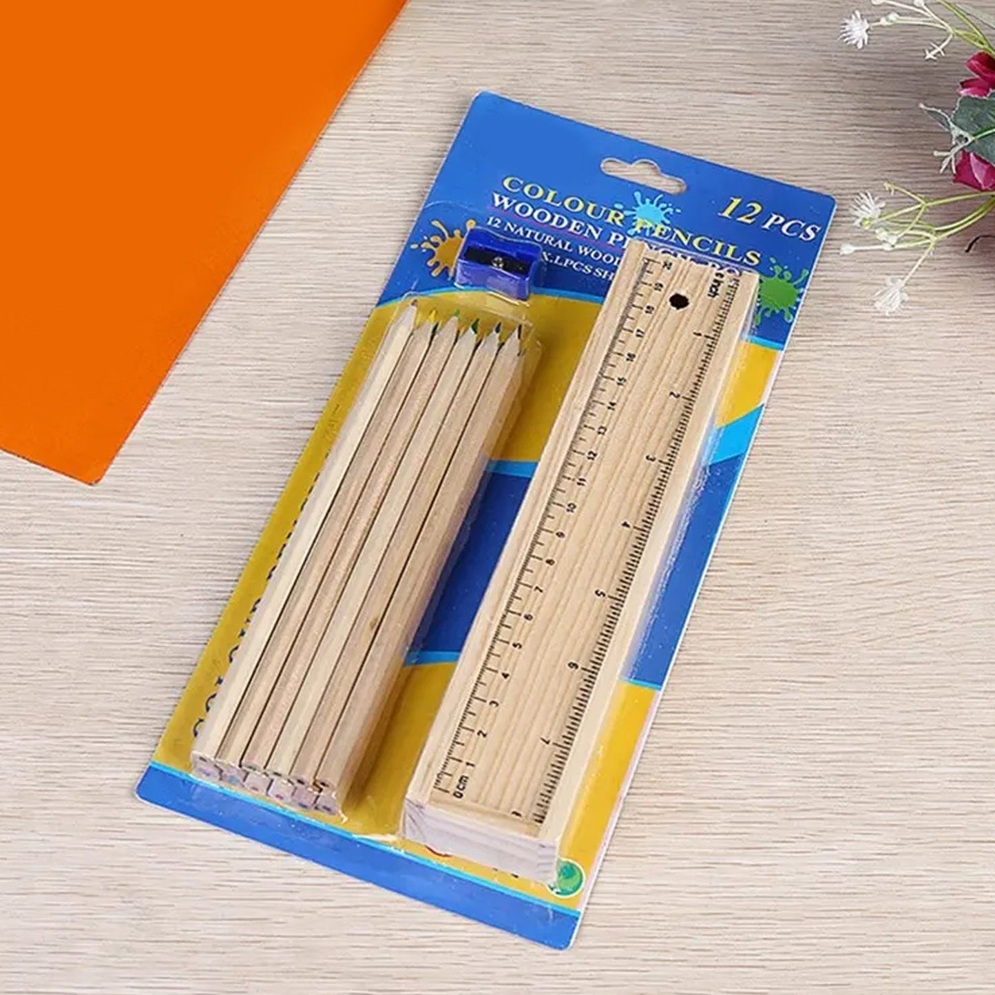 Colorful Wooden Pencil Set with Pencil box, Ruler, Sharpener For for Kids, Artist, Architect (12 Pcs Set) - Springkart 