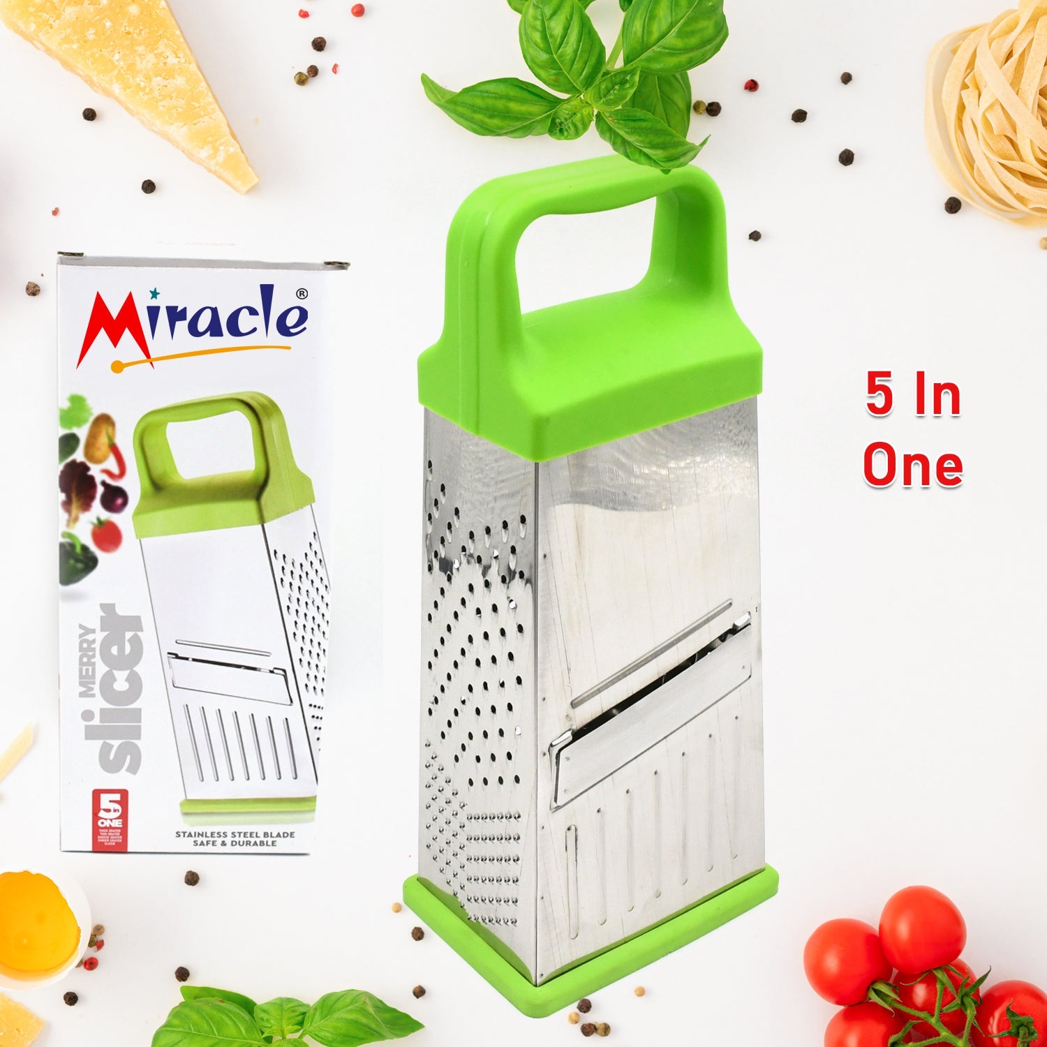 Miracle 5 In 1 Multifunctional Stainless Steel, Cheese Grater With Handle Stainless Steel Material Food Grater For Carrot, Cheese, Panner, Lemon or orange Peel and other Vegetable & Fruit   - Springkart 