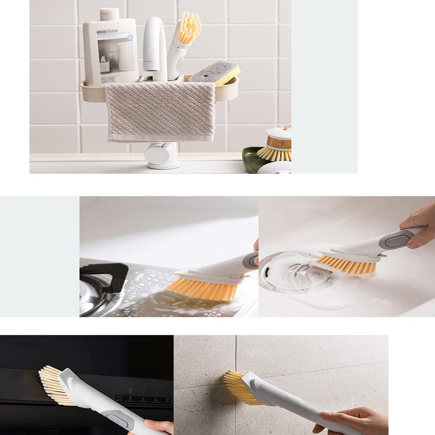 Cleaning Brushes Set, Scrub Brush Bathroom Brush, Long Handle Liquid Dispenser Pot Washing Brush - Springkart 