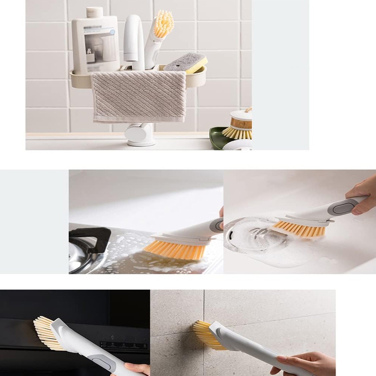 Cleaning Brushes Set, Scrub Brush Bathroom Brush, Long Handle Liquid Dispenser Pot Washing Brush - Springkart 