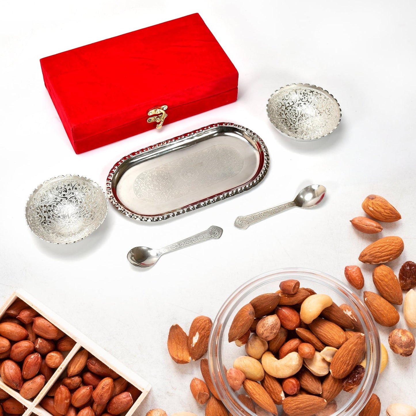 Silver Plated 2 Bowl 2 Spoon Tray Set Brass with Red Velvet Gift Box Serving Dry Fruits Desserts Gift, Bartan - Springkart 