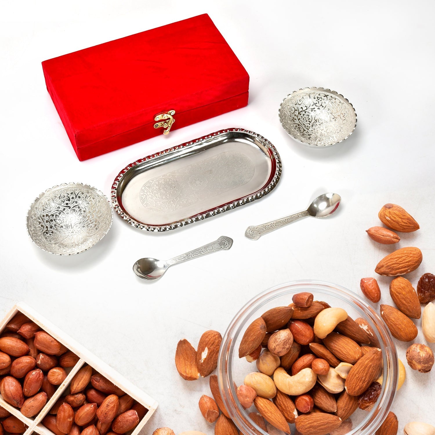 Silver Plated 2 Bowl 2 Spoon Tray Set Brass with Red Velvet Gift Box Serving Dry Fruits Desserts Gift, Bartan - Springkart 