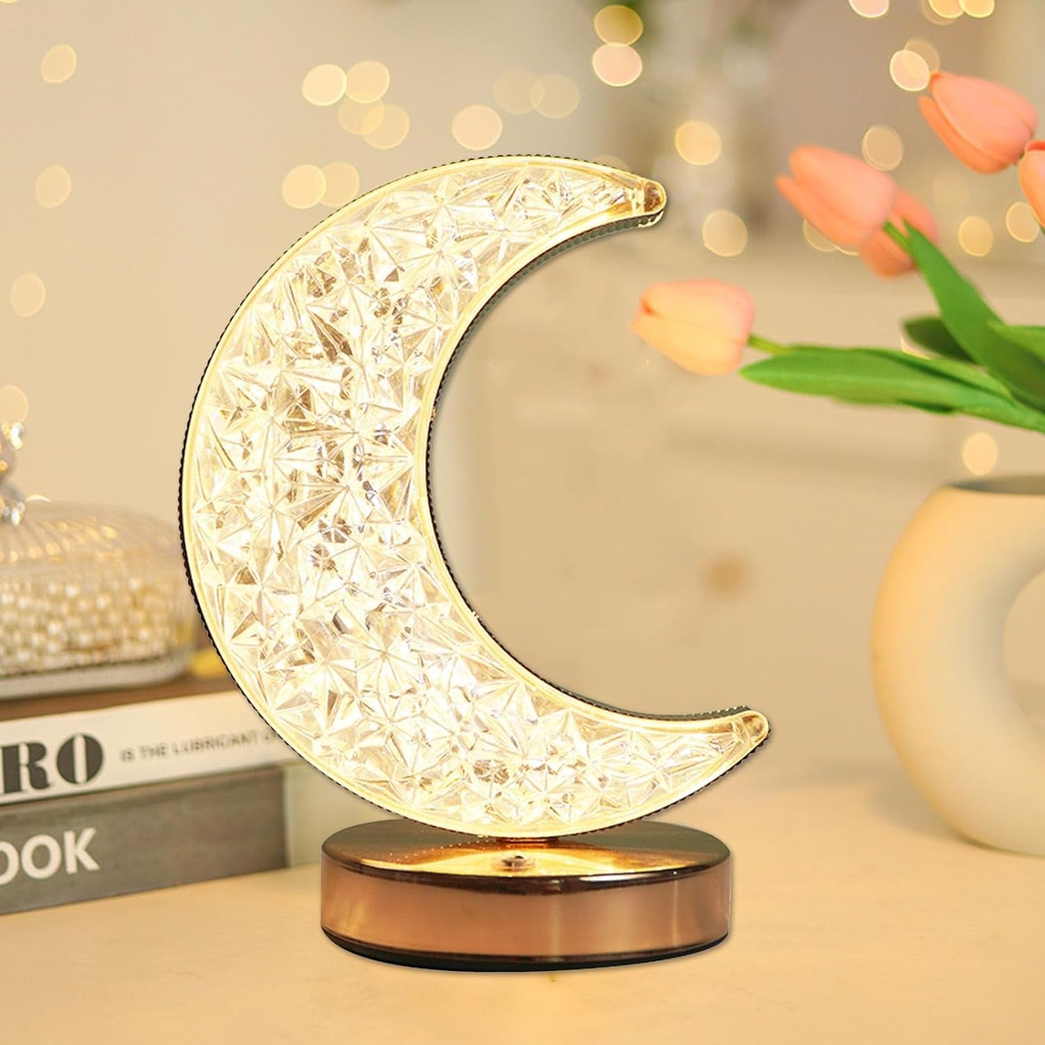 Crystal Table Lamp | Moon Shape Touch Control Lamp with 3 Color | Metal Bedside Lamp for Kids Bedroom Romantic Desktop Nightstand | Stepless Dimming USB Charging Touch Night Light - Springkart 