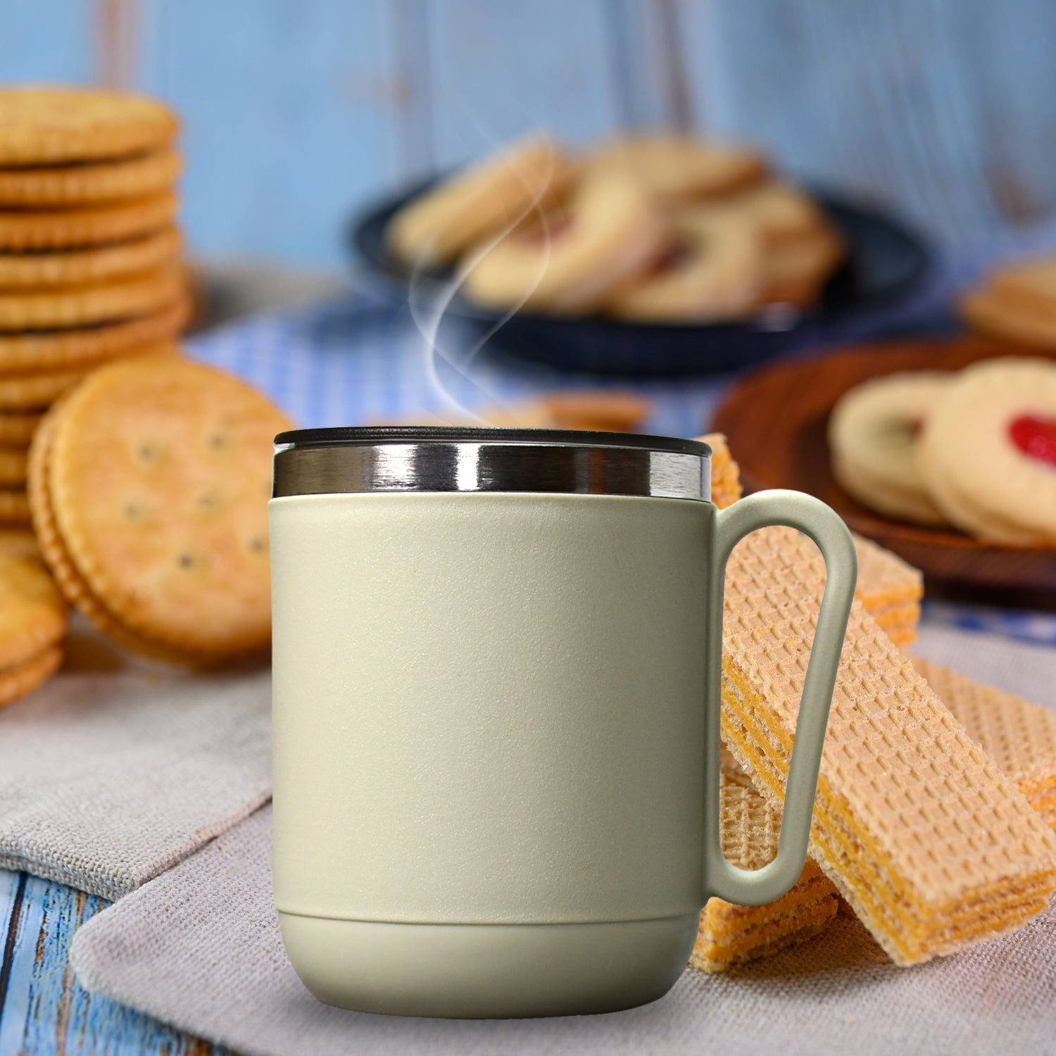 Ganesh Premium Stainless Steel Coffee Mug with heat resistant mug lid. Approx 400Ml mug. - Springkart 